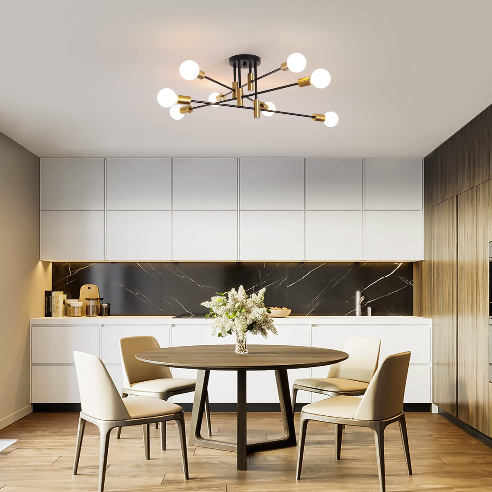 10 Lights Modern Sputnik Ceiling Chandelier Gold Industrial Ceiling Lamp Mid Century Semi Flush Mount Ceiling Light Fixture for Kitchen Dining Room Living Room Bedroom Foyer Lighting