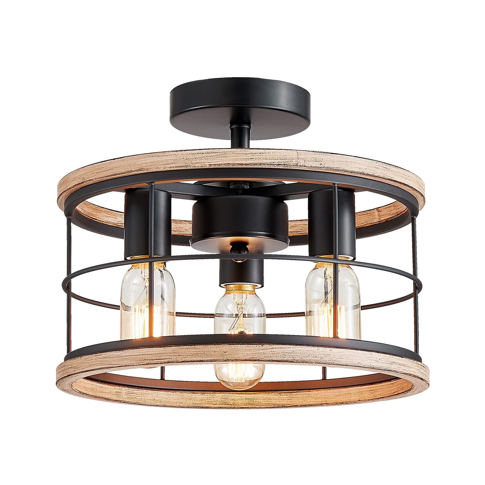 3-Light Semi Flush Mount Ceiling Light Fixture Vintage Ceiling Light Farmhouse Ceiling Light Metal Cage Ceiling Lamp for Kitchen Dining Room Hallwa Bedroom Living Room (Dark Wood Color)