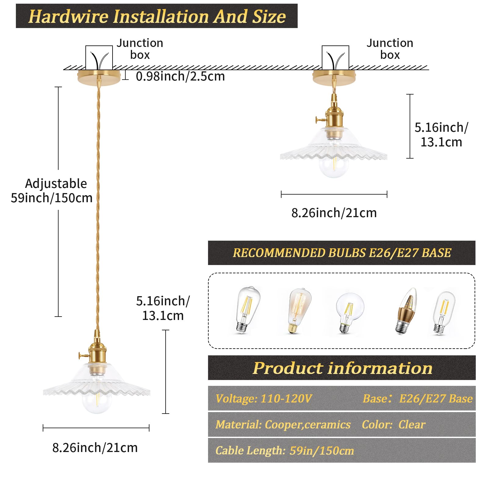 Pendant Light with White Pleated Ceramic Lmapshade, Brass Vintage Pendant Light Adjustable Hanging Light for Kitchen Island Dining Room Hallway 7.87 Inch Diam