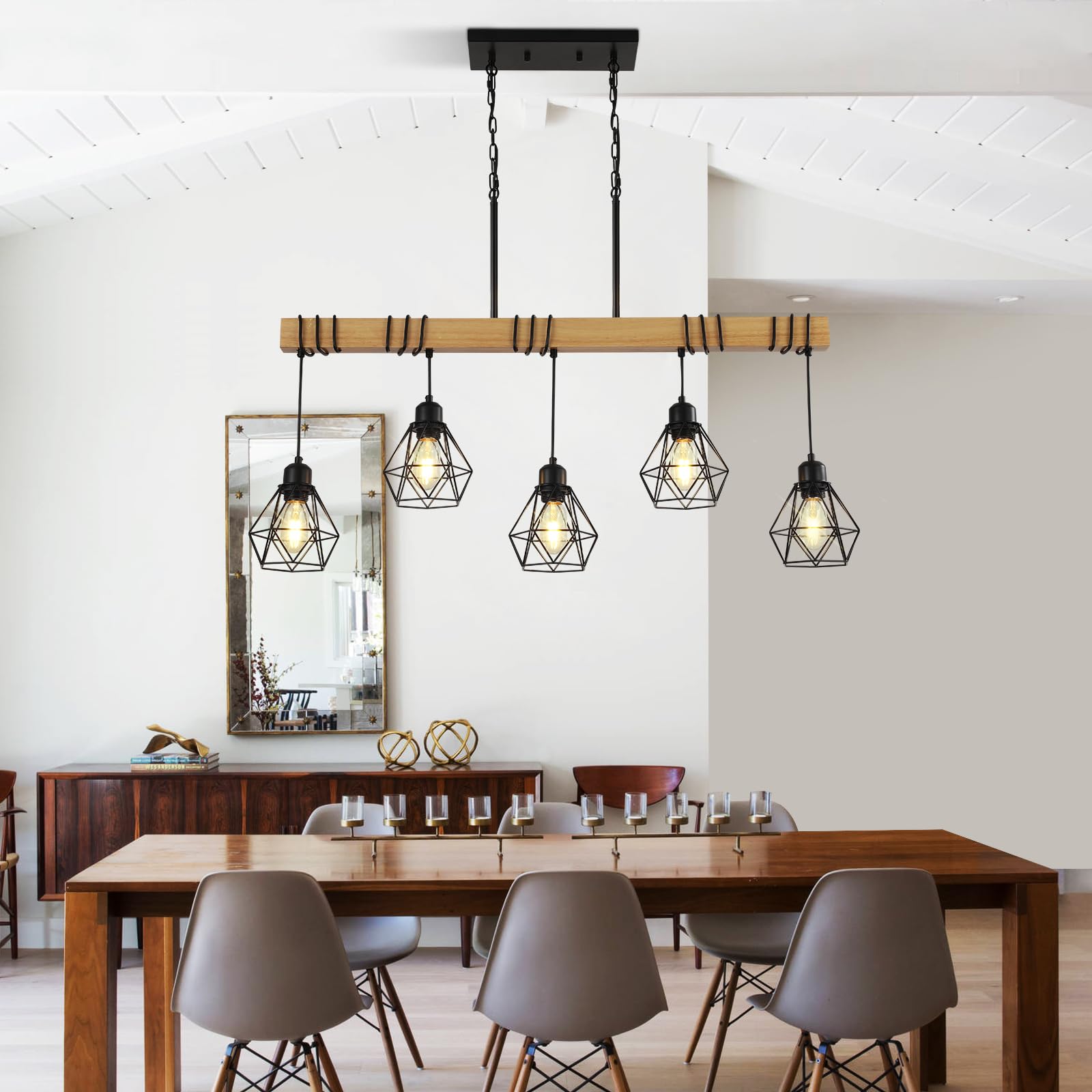 5-Light Kitchen Island Lighting,Modern Chandelier Over Table, Dining Room Light Fixture Hanging for Modern Farmhouse Linear Chandeliers Black Rustic Wood Ceiling Pendant Light Fixtures