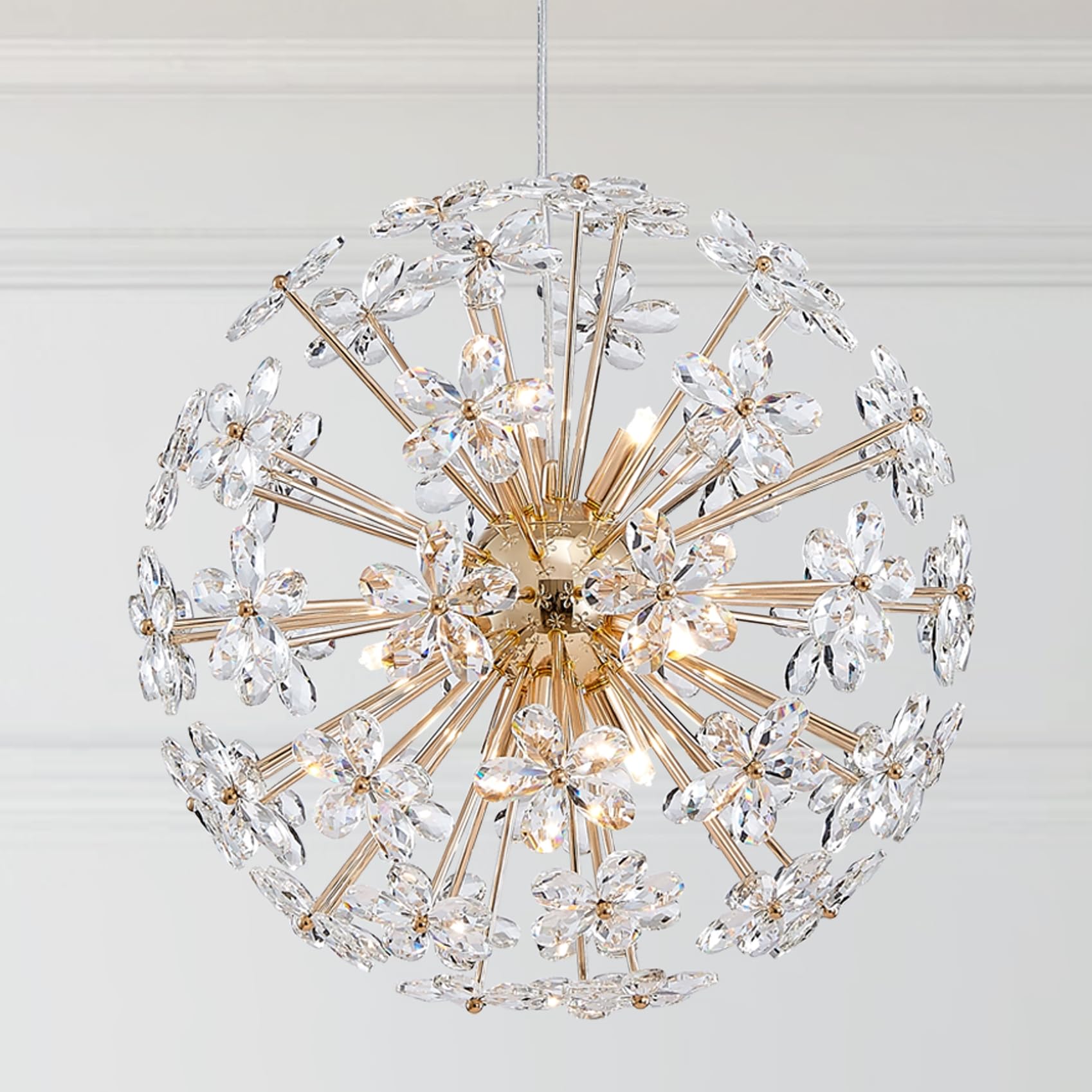 Dandelion Crystal Chandeliers, Modern Design, Firework Pendant Light Fixture for Living Space, H17'' x D17'', Adjustable Chains 59'', G9*9 Sockets, Brilliant Gold Finish Frame