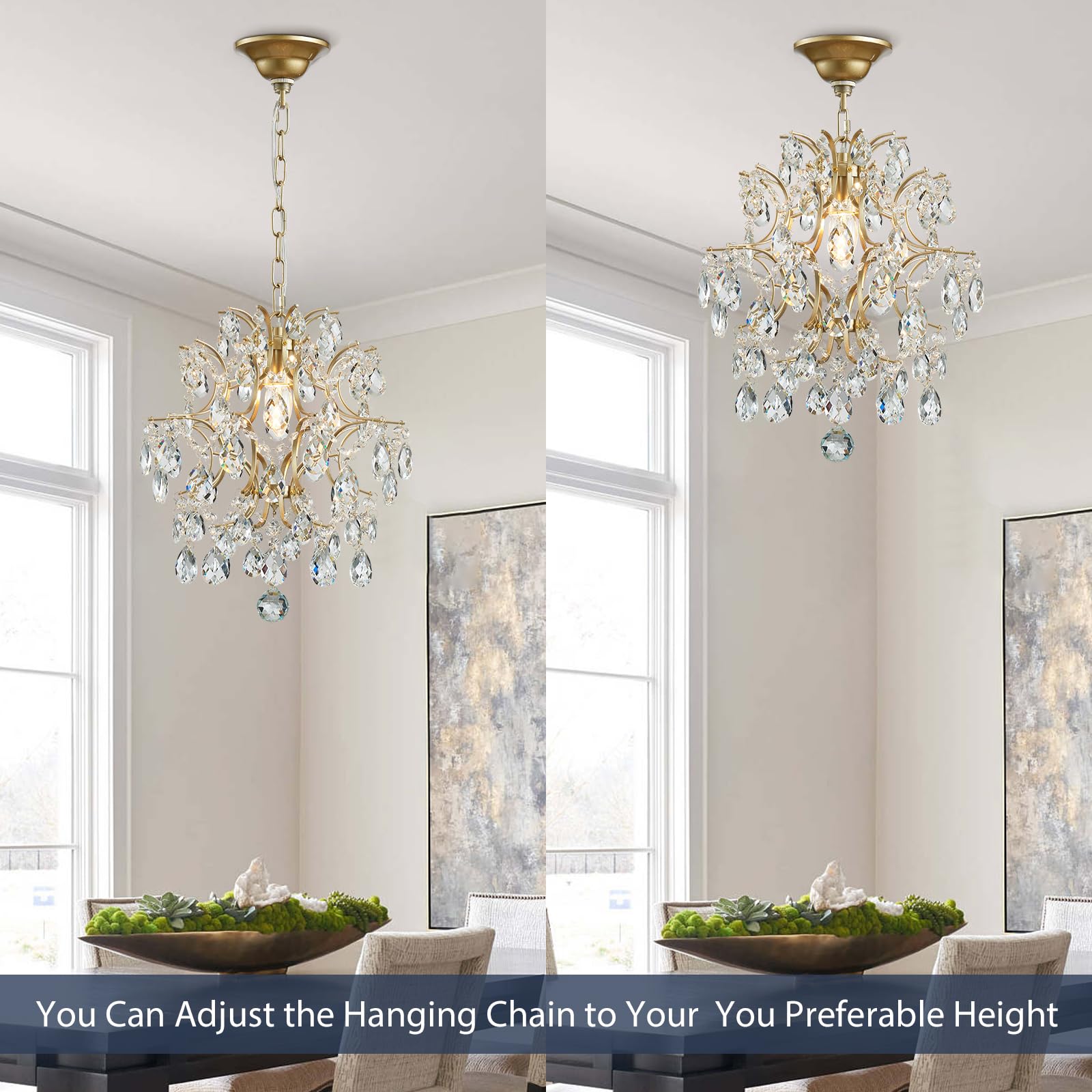 Bestier Modern Pendant Chandelier Crystal Raindrop Lighting Ceiling Light Fixture Lamp for Dining Room Bathroom Bedroom Livingroom entryway 3 E12 Bulbs Required D16 in x H18 in