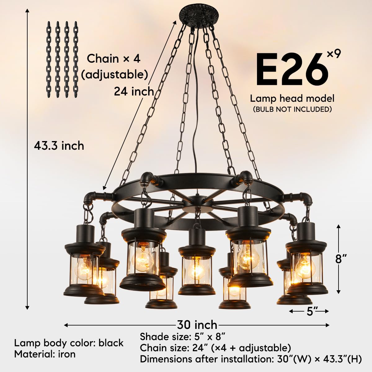 8 Lights Industrial Retro Wooden Chandelier Pendant Light Island Hanging Ceiling Fixture Vintage Farmhouse Wood Light Adjustable Chain for Home Cafe Bar Restaurant (39.4")