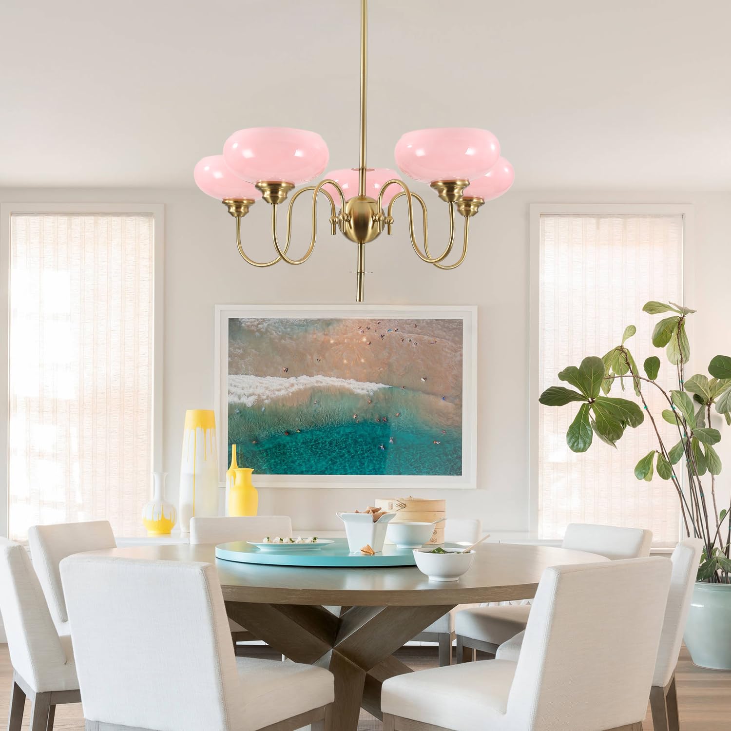 Gold Vintage Chandelier Modern 5-Light Globe Chandelier with Smooth Lampshade Sputnik Pendant Light Dining Room Chandelier for Living Room Bedroom