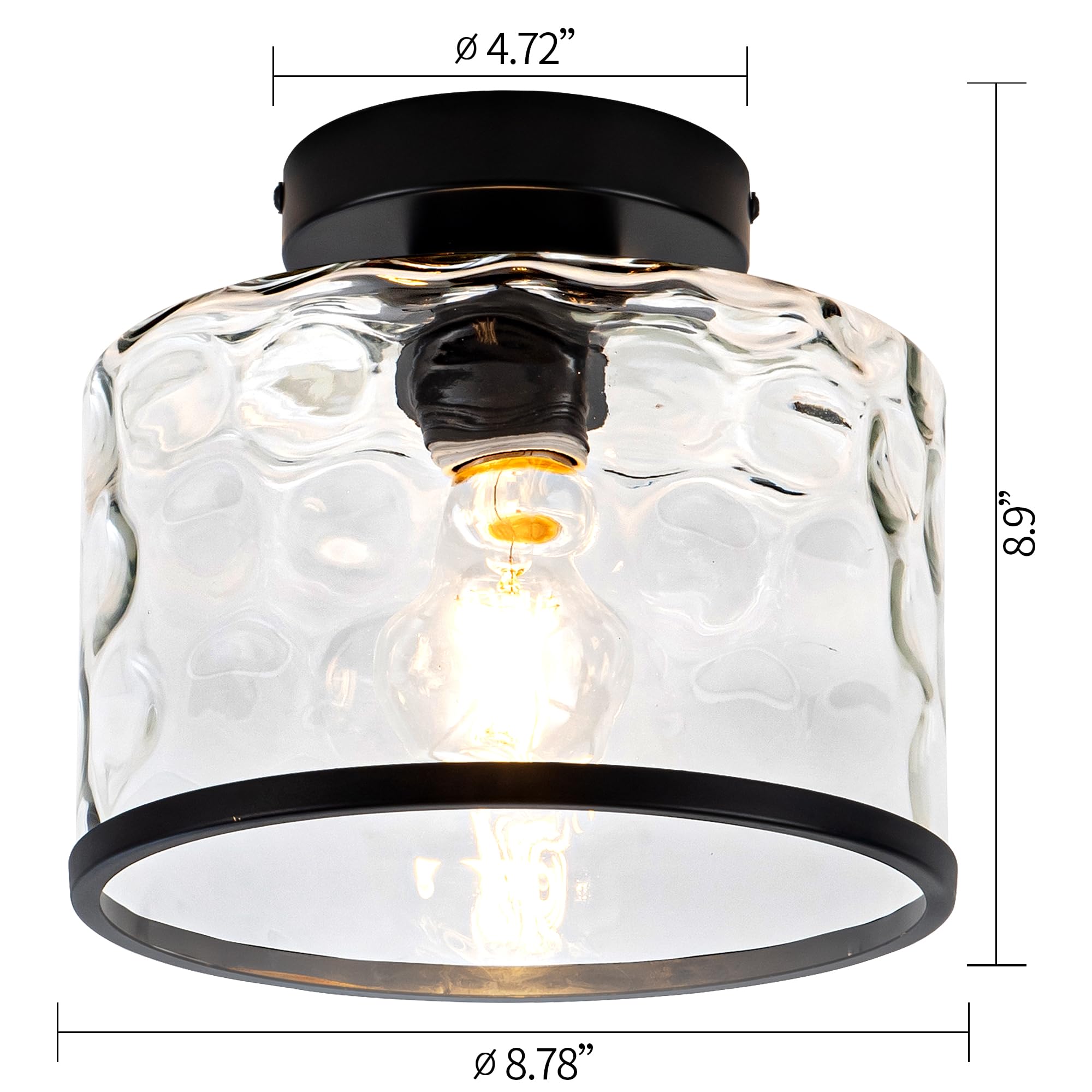 Industrial Semi Flush Mount Ceiling Light Clear Hammered Glass Ceiling Light Fixture, Modern Lighting for Hallway Porch Kitchen Bathroom Bedroom