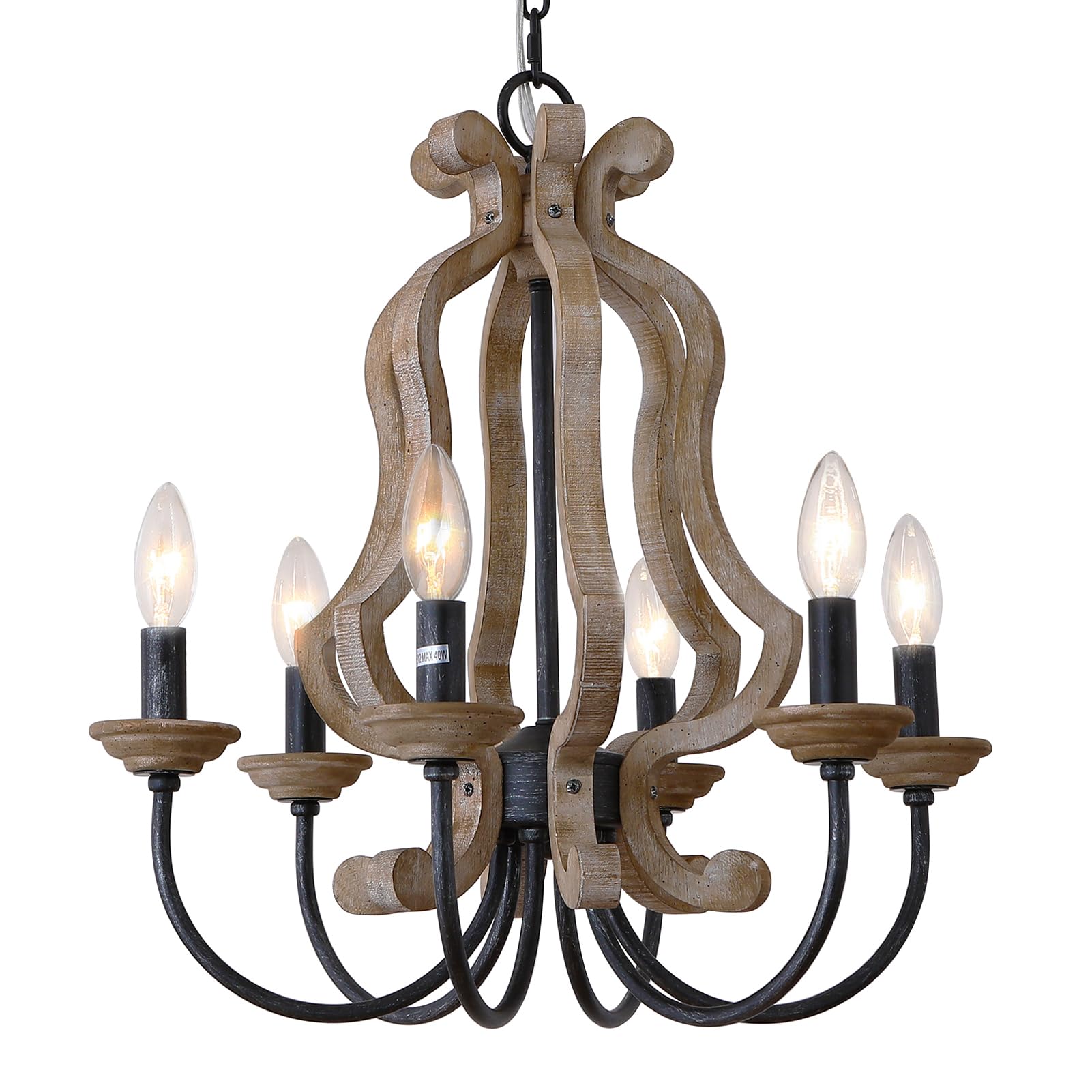 Farmhouse Chandelier, 6-Lights Wood Chandelier, Distressed Black Pendant Light Adjustable Height, Rustic Chandeliers for Dining Room Kitchen Island Foyer Living Room Entryway Hallway (18.3")