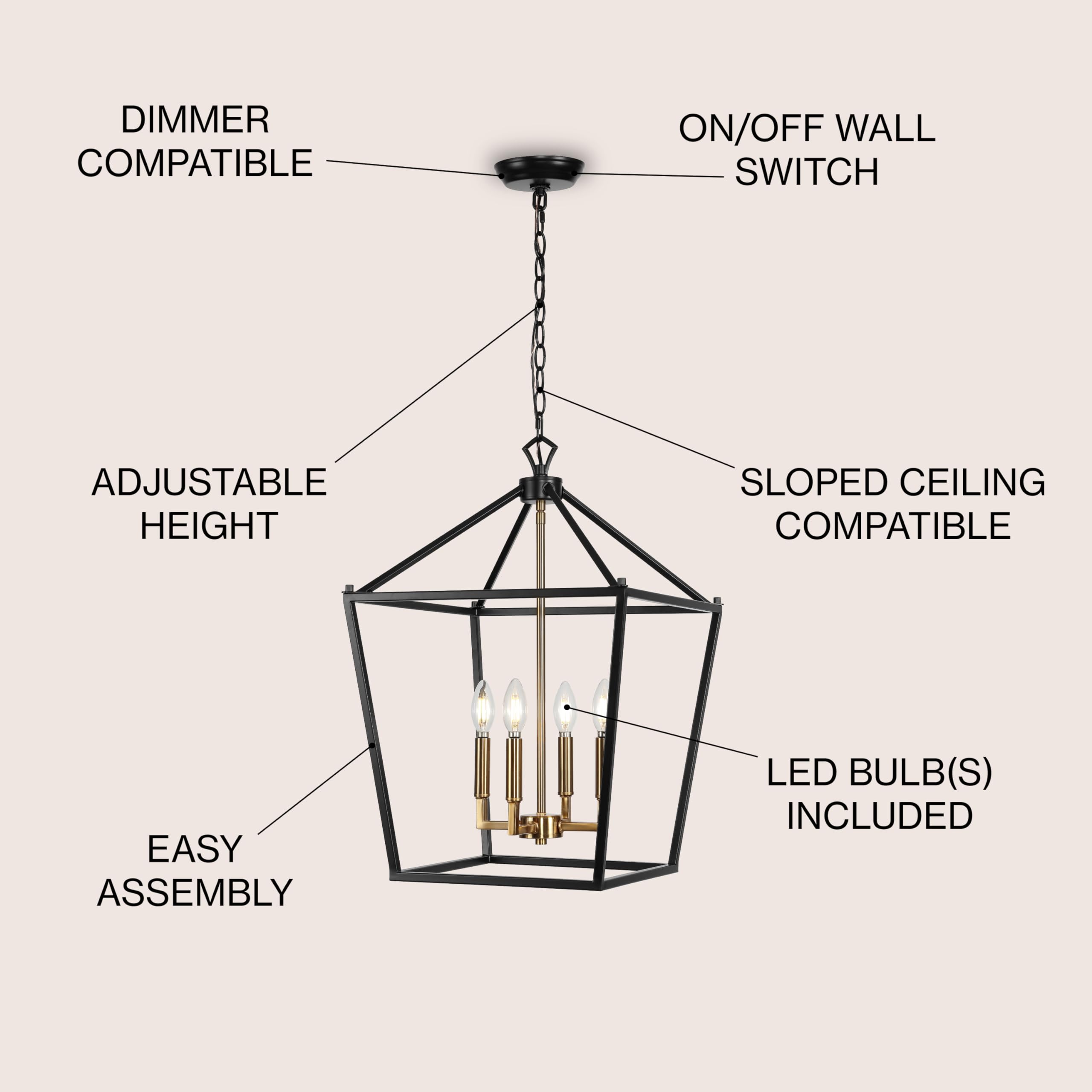 Lantern Dimmable Adjustable Metal LED Pendant Classic Traditional Farmhouse Dining Room Living Room Kitchen Foyer Bedroom Hallway, 10 in, Antique Gold