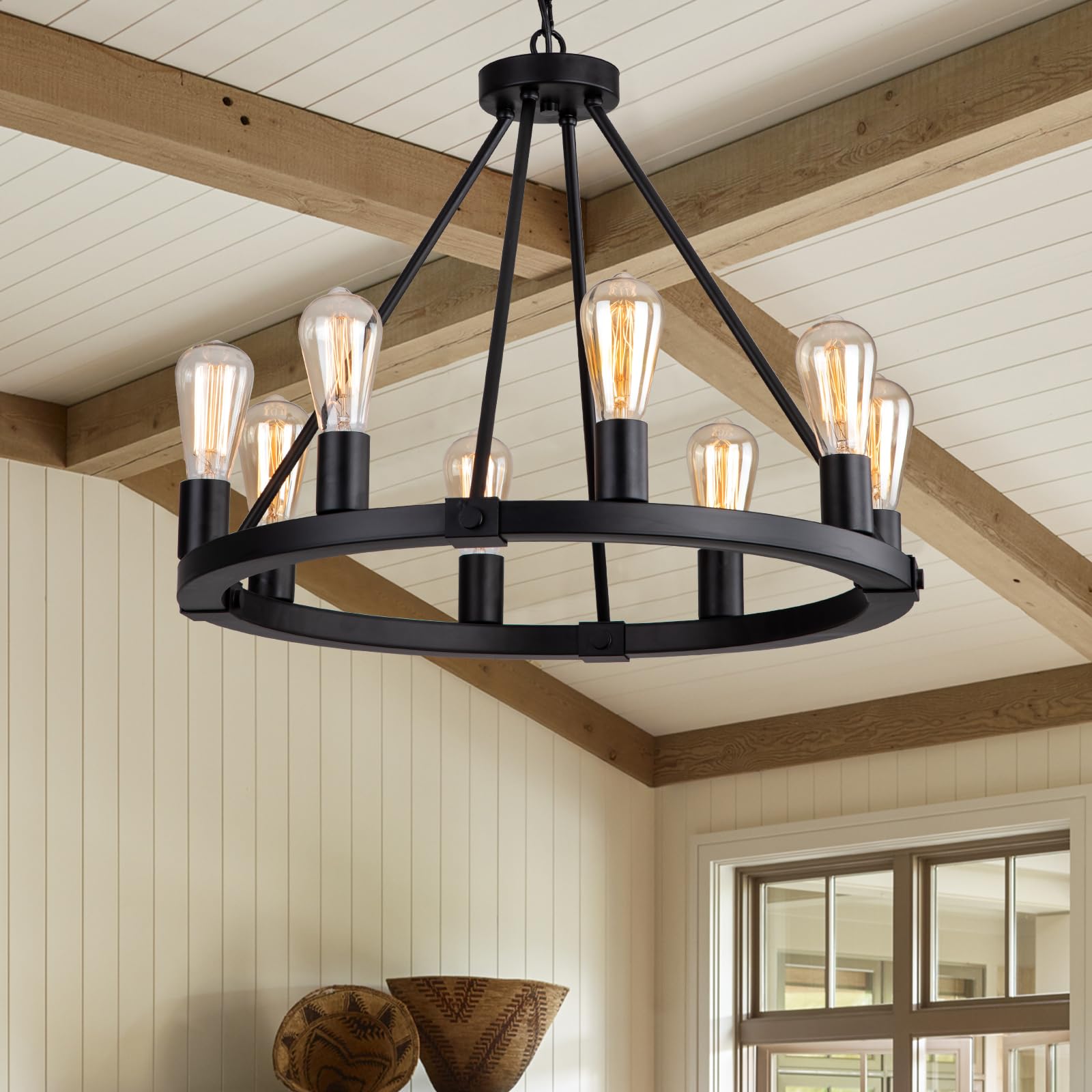 Gold Wagon Wheel Chandelier, 12-Light Industrial Pendant Light, 31.5'' Farmhouse Ceiling Hanging Chandelier Light Fixture for Living Room, Bedroom, Entryway, Foyer