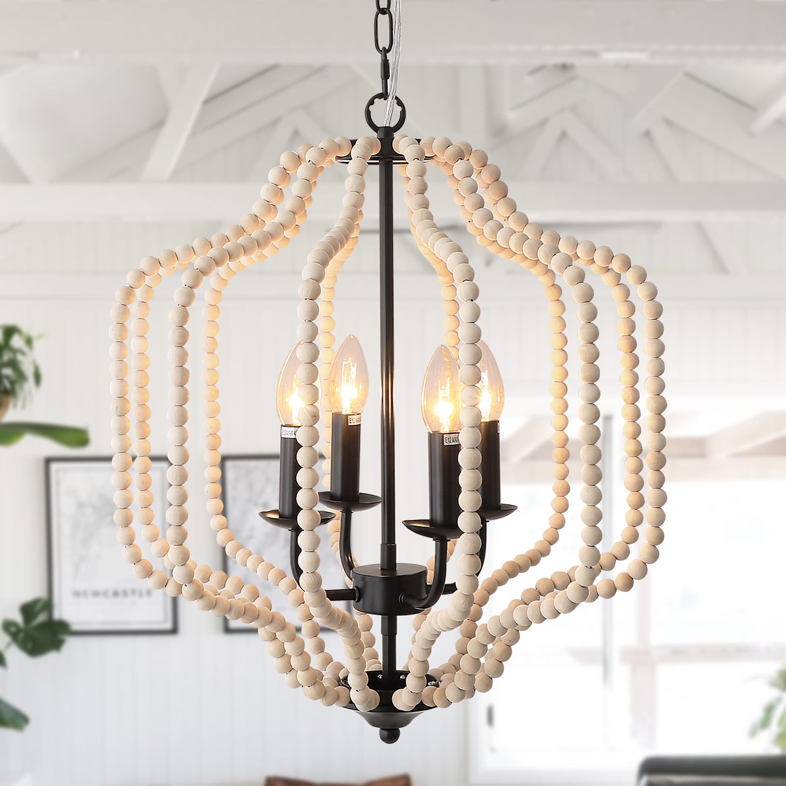 Farmhouse Wood Beaded Chandelier, Boho 4-Lights 16.5" Wood Candle Style Chandelier Light Fixture, Rustic Modern White Wood Bead Chandelier for Dining Room Kitchen Island Hallway Bedroom, E12