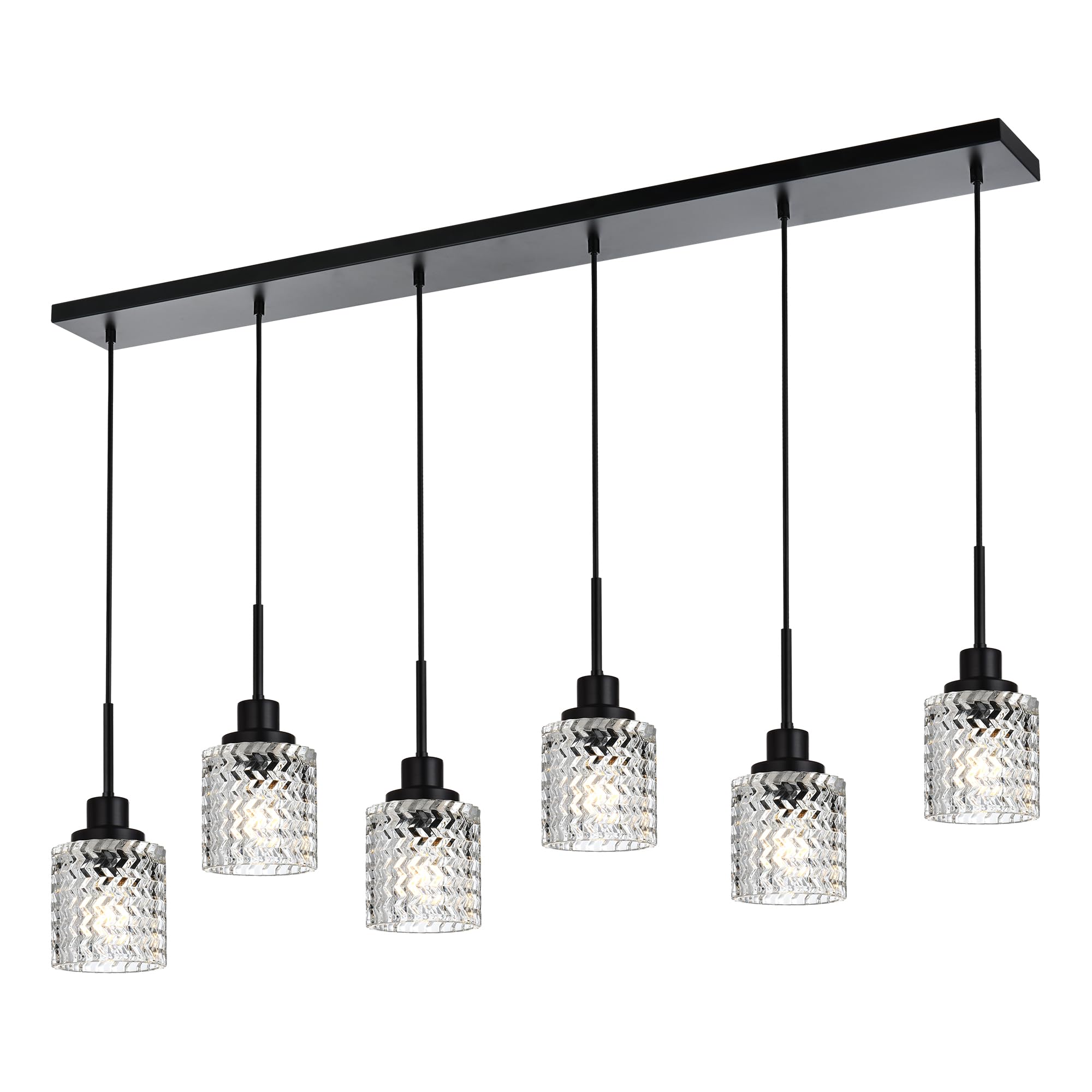 6 Lights Linear Chandeliers for Dining Room, Black Island Lighting Fixture Hanging Pendant Lights with Hammered Glass Shade for Kitchen Island, Dining Hall, Bar