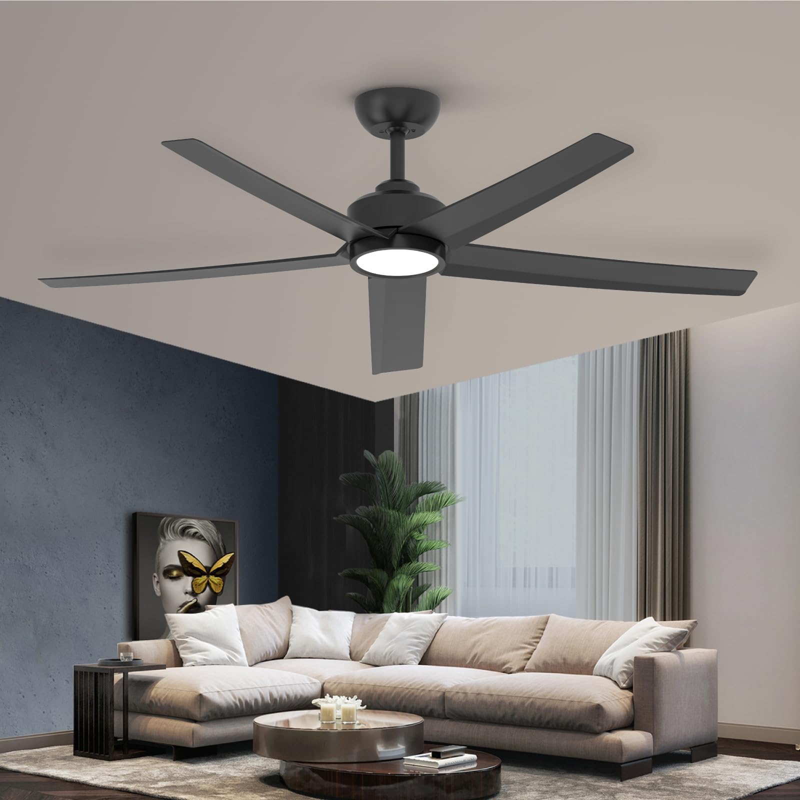 Ceiling Fans with Lights, 52 inch Black Ceiling Fan with Light and Remote Control, 3CCT, Quiet DC Motor, 5 Blades Modern Ceiling Fan for Living Room Farmhouse Bedroom