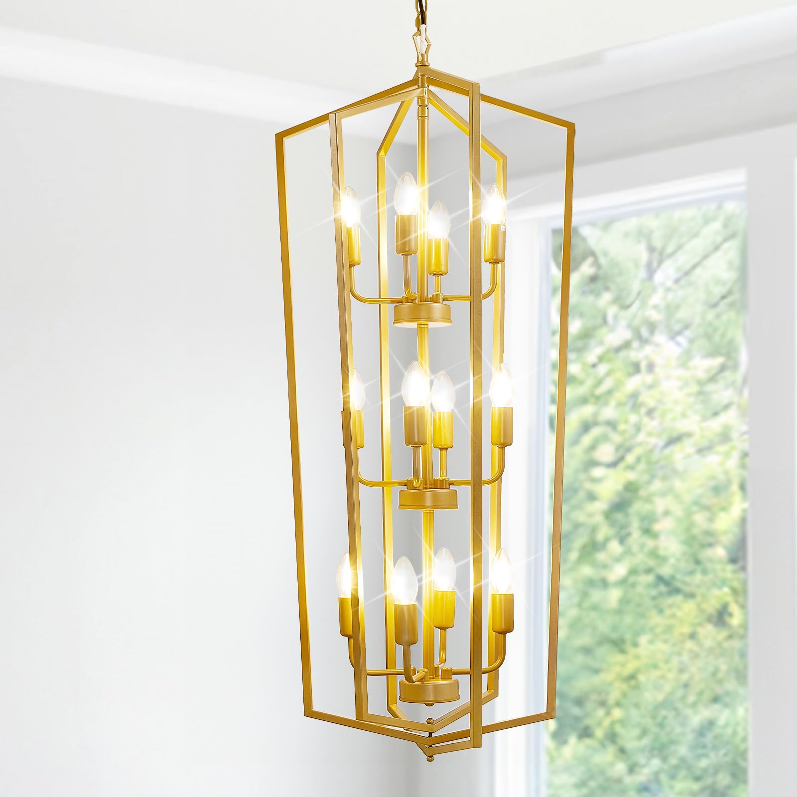 4-Light Lantern Pendant Light, 18.1" Gold Kitchen Pendant Light, Modern Geometric Chandelier, Adjustable Chain Cage Hanging Pendant Light Fixture for Bedroom, Kitchen Island, Foyer, Entrance