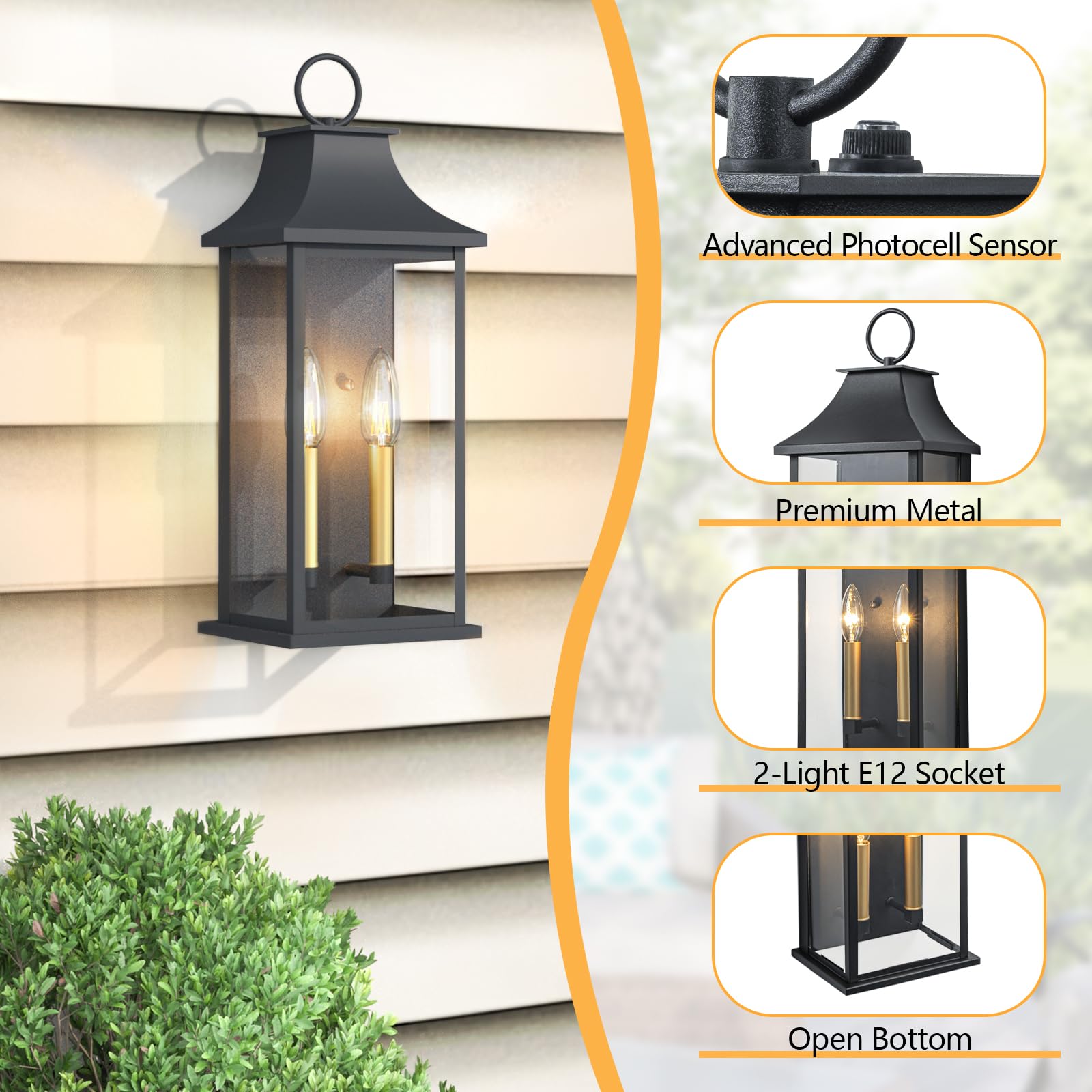 Outdoor Wall Lantern 2-Light, 21" Large Outside Wall Sconce, Modern Black Wall Light Fixture with Glass, Waterproof Exterior Lamp for House, Porch, Garage