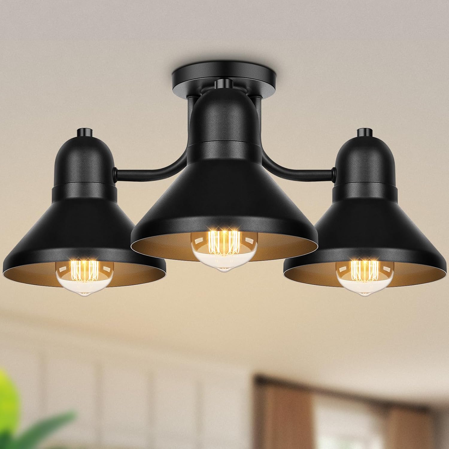 Farmhouse Semi Flush Mount Ceiling Light Fixture, Matte Black Metal Kitchen Light Fixture, 3-Light Industrial Ceiling Lamp, E26 Rustic Chandelier for Living Room Bedroom Dining Room Entryway Hallway