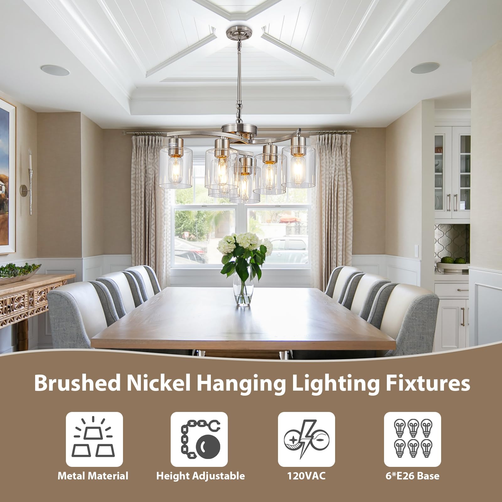 Brushed Nickel Modern Farmhouse Chandelier 6 Light Chandeliers for Dining Room Hanging Light Fixture with Clear Glass Shade, Bedroom Ceiling Light Fixture for Living Room Kitchen Hallway Foyer