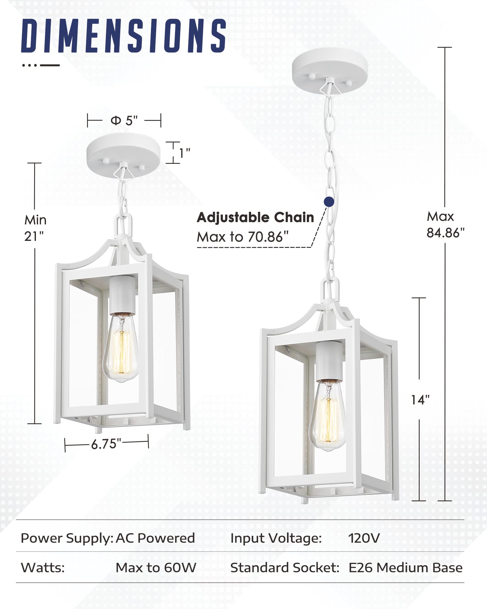 Outdoor Pendant Light, 14" Large Modern Outdoor Hanging Porch Light with Adjustable Chain, Exterior Outdoor Hanging Light in Black Finish and Clear Glass, 2439/1H