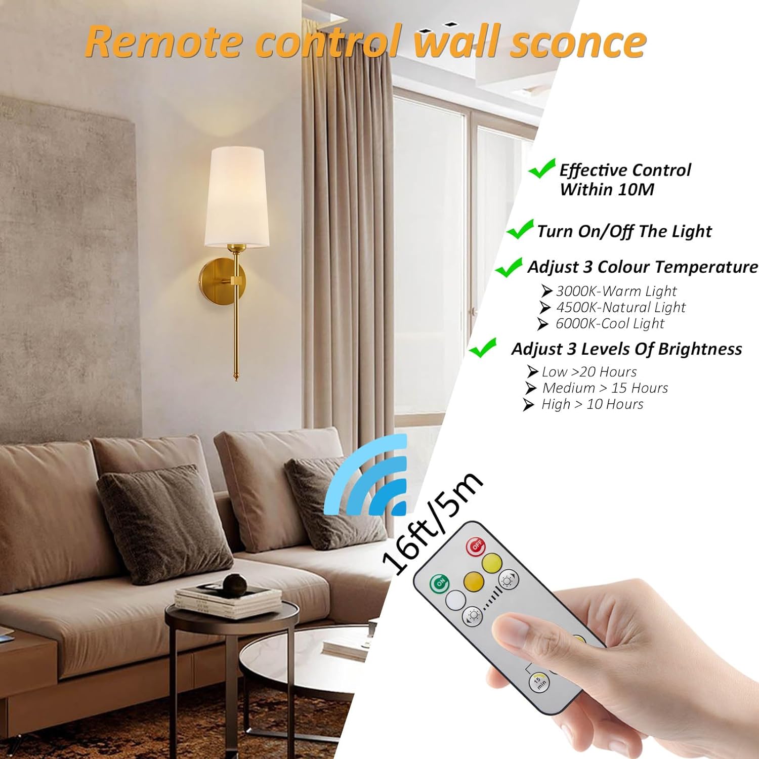 Battery Operated Wall Sconces, Wall Sconces Sets of 2, Rechargeable Wall Lights, with Remote Control Dimmable Detachable Bulb, Suitable for Bedroom Living Room Corridor Kitchen