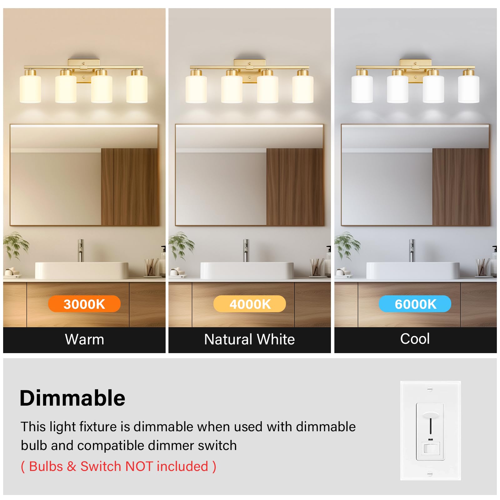 Brushed Nickel Bathroom Light Fixtures, 3-Light Modern Vanity Light Over Mirror, Wall Sconces with Milky White Frosted Glass Shades, E26 Socket (Bulbs Not Included)