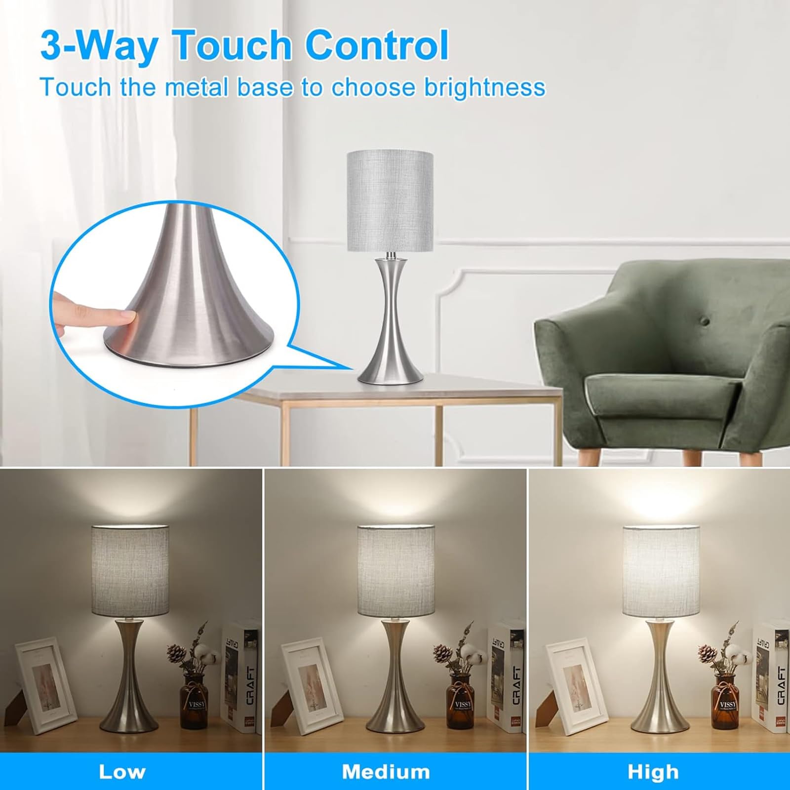 3 Way Touch Control Table Lamp, Dimmable Bedside Desk Lamp with Metal Base Modern Nightstand Lamp Stylish Grey Shade Simple Side Table Lamp for Bedroom, Living Room, Office or Den LED Bulb Included