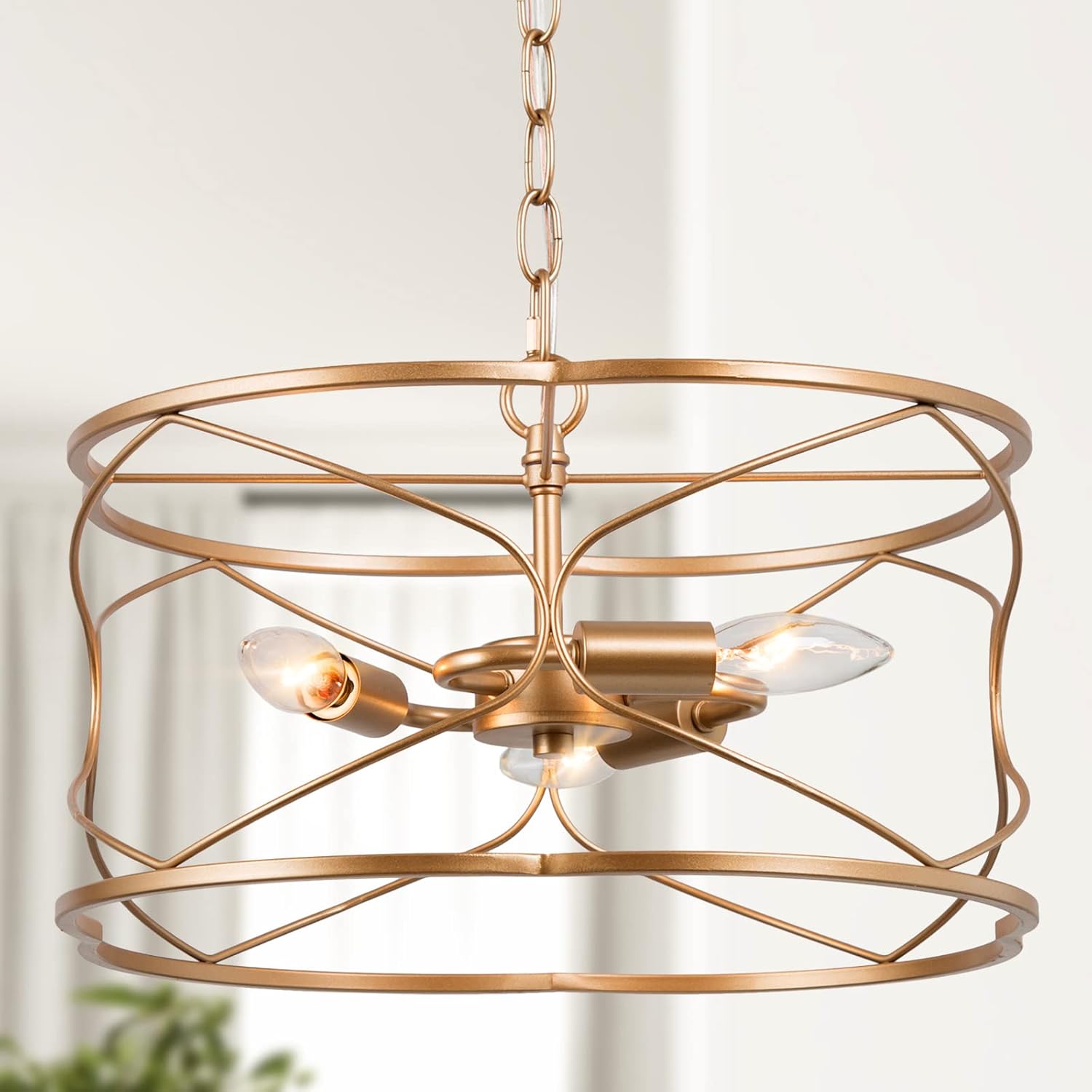 Gold Chandelier Light Fixtures, 3-Light Gold Pendant Lighting for Kitchen Island, Modern Foyer Drum Pendant Light Fixtures for Dining Room & Entryway, 15.5’’ D x 9.5’’ H