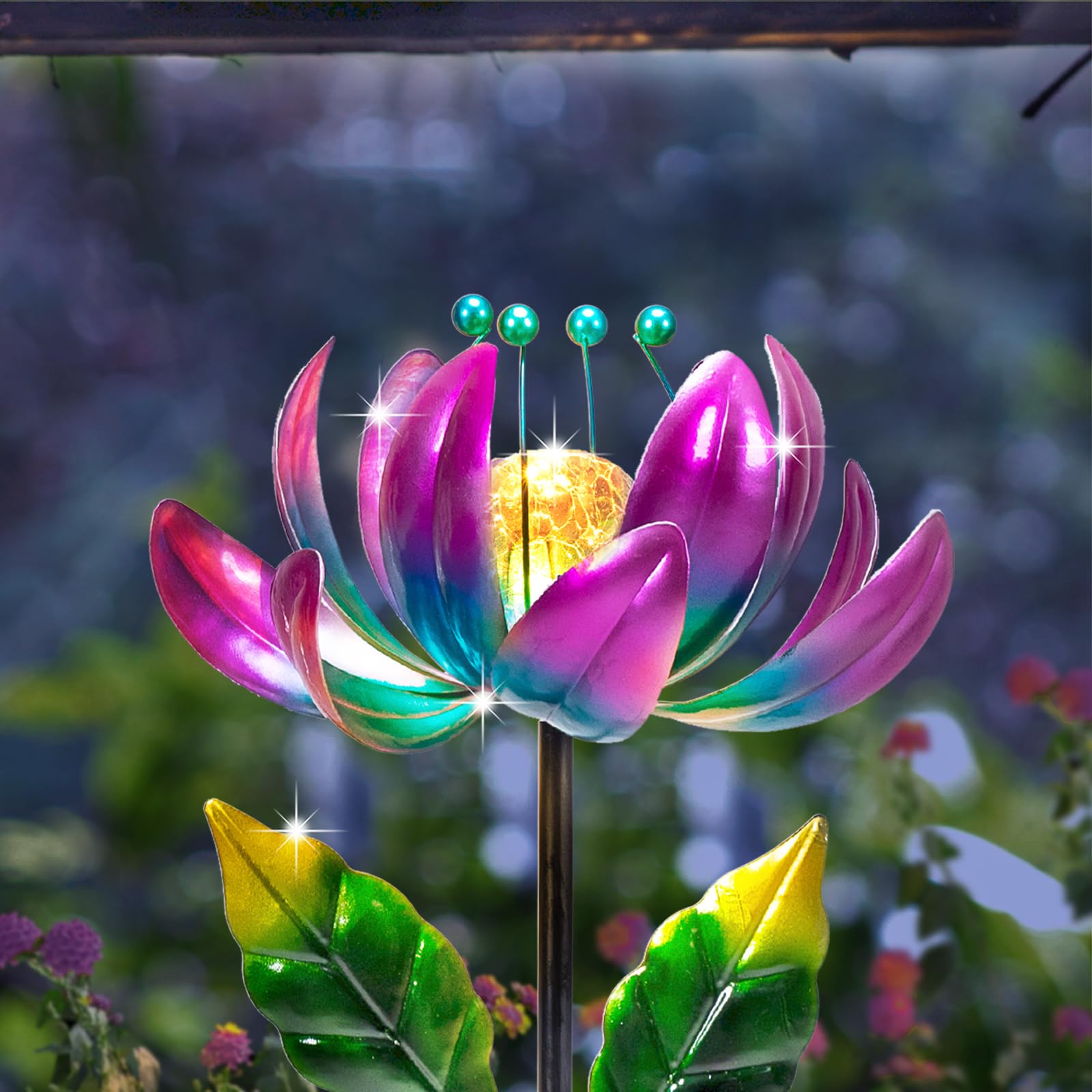 Solar Light Outdoor Waterproof Garden Light Metal Glass Decorative LED Lotus Flower Table Lamp