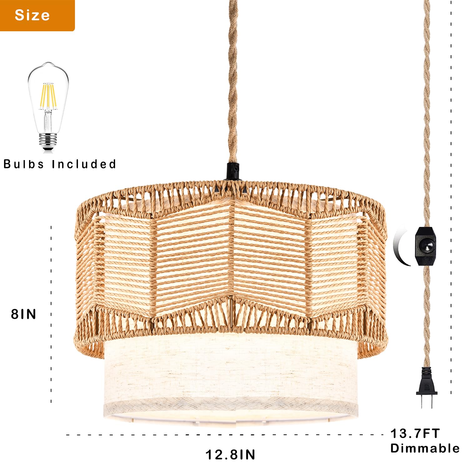 Plug in Pendant Light Rattan Hanging Lights with Plug in Cord Bamboo Hanging Lamp Dimmable,Handmade Woven Boho Wicker Basket Lamp Shade,Plug in Ceiling Light Fixture for Living Room Bedroom Kitchen