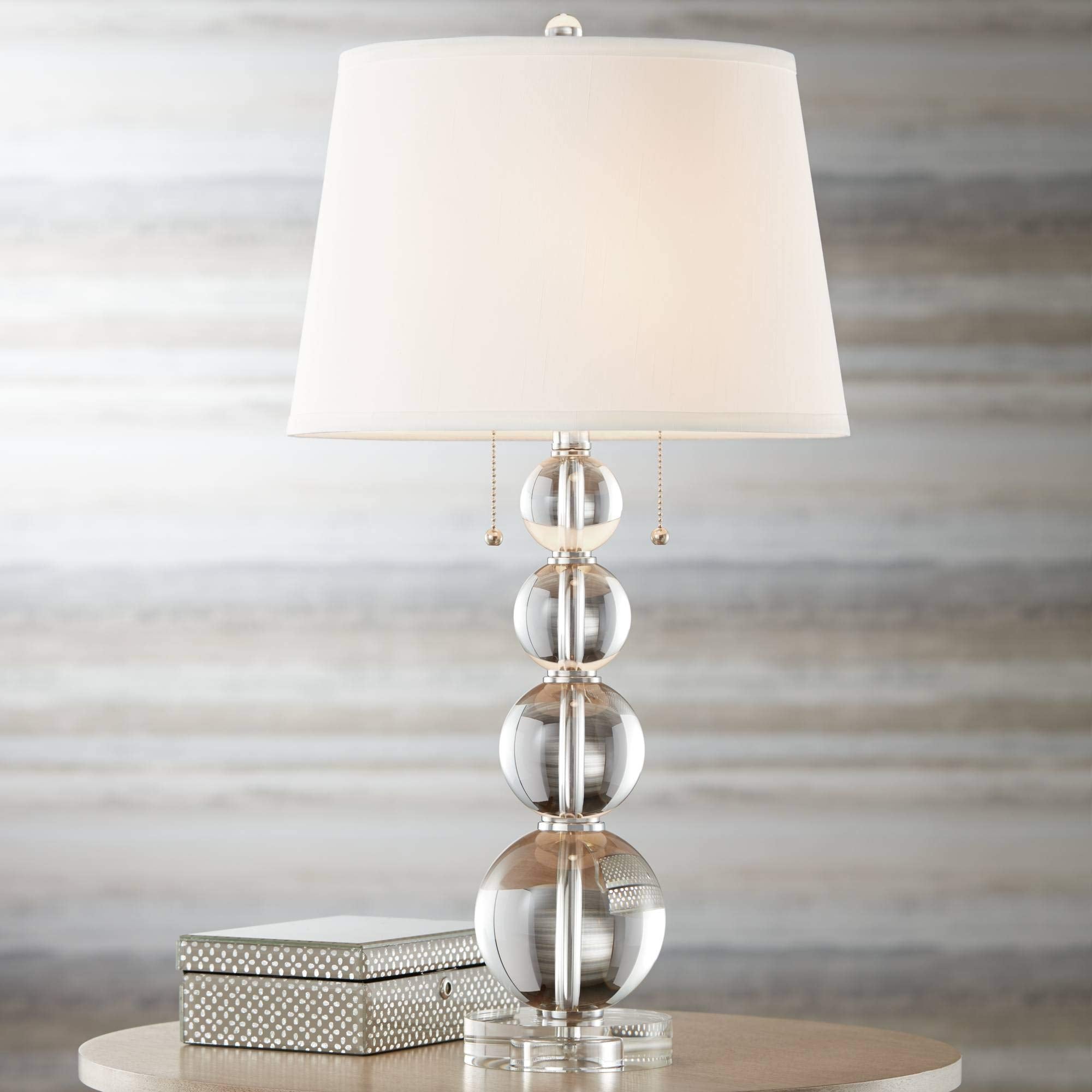 Full Spectrum Modern Glam Table Lamp 26 1/2" High Stacked Clear Crystal Spheres Glass White Tapered Drum Shade Decor for Bedroom Living Room House Home Bedside Nightstand Office Family