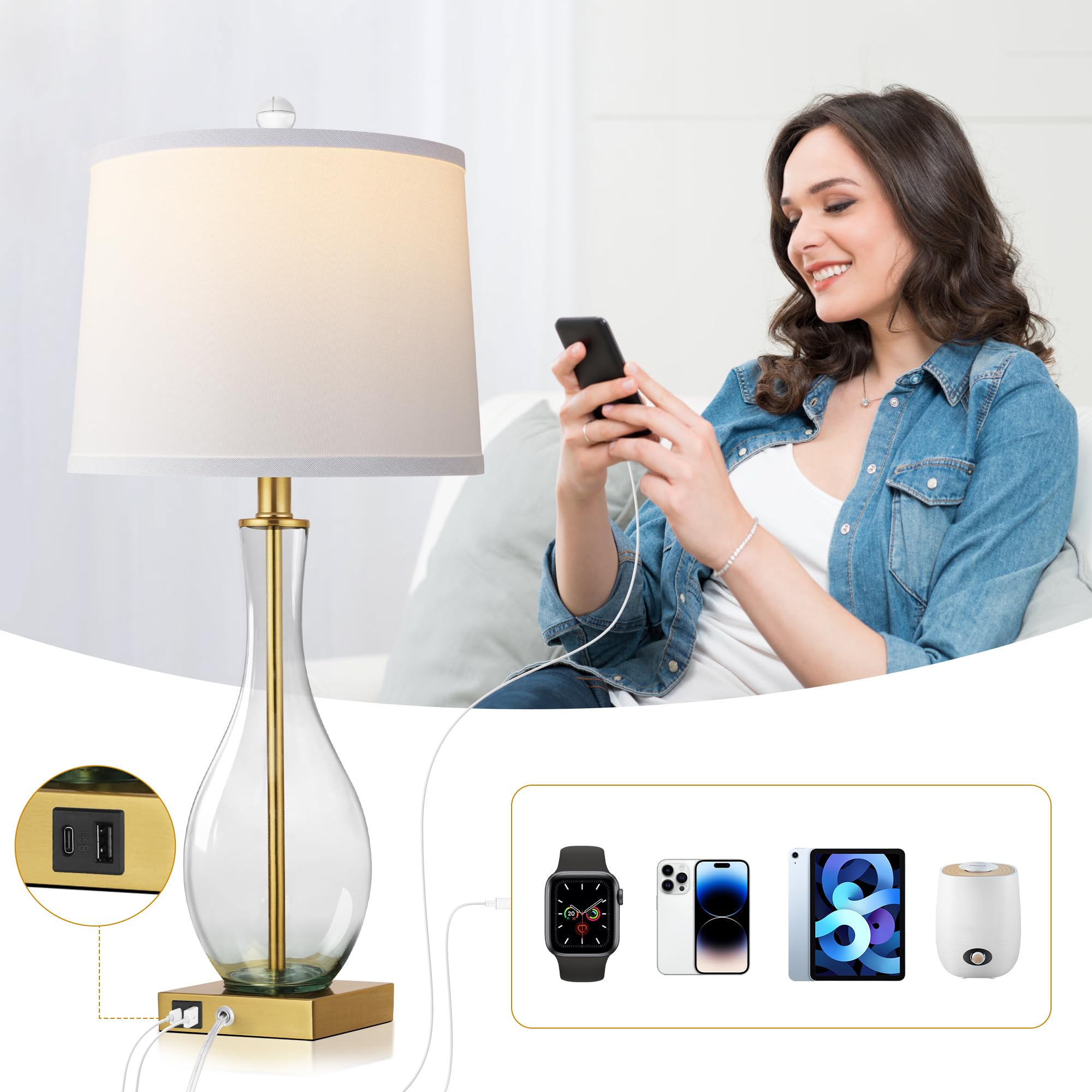 Table Lamps Set of 2 with Touch Control, 3-Way Dimmable Modern Glass table lamp for Living Room with USB C and A Charging Ports， 27" Bedside Desk Lamps for Nightstand Decorations(LED Bulbs Included)