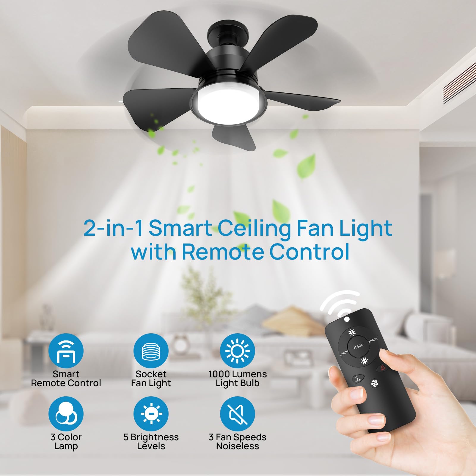 Ceiling Fans with Lights, Socket Fan Light with Remote, 3 Colors 5 Brightness Dimmable LED Ceiling Fan with Lights, 3 Wind Speeds Quiet Ceiling Fan for Bedroom Living Room Kitchen Home Indoor