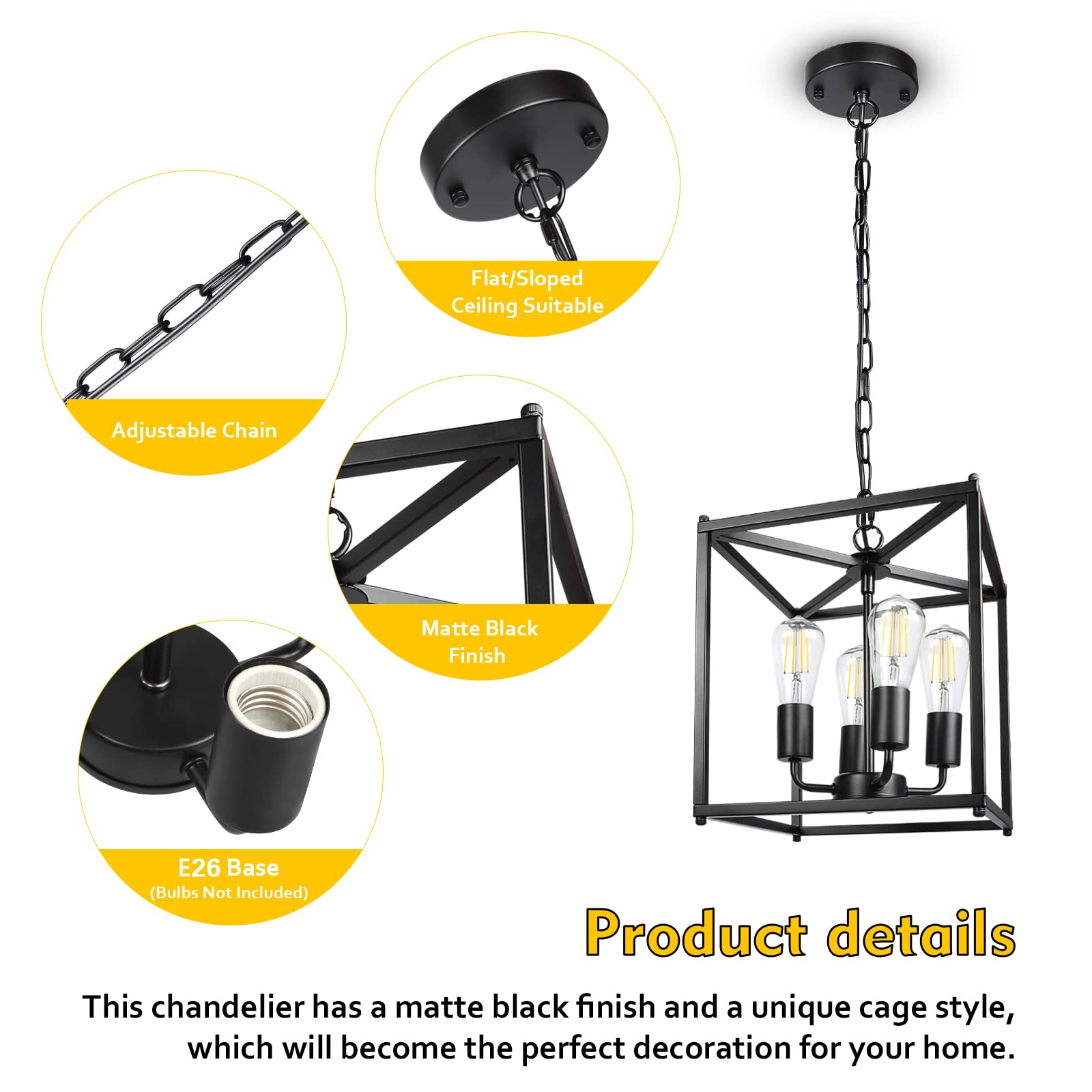 4-Light Black Farmhouse Chandelier, Iron Lantern Pendant Light Rustic Cage Adjustable Height, E26 Base Industrial Hanging Lights for Kitchen Island Dining Room Hallway Foyer Entryway