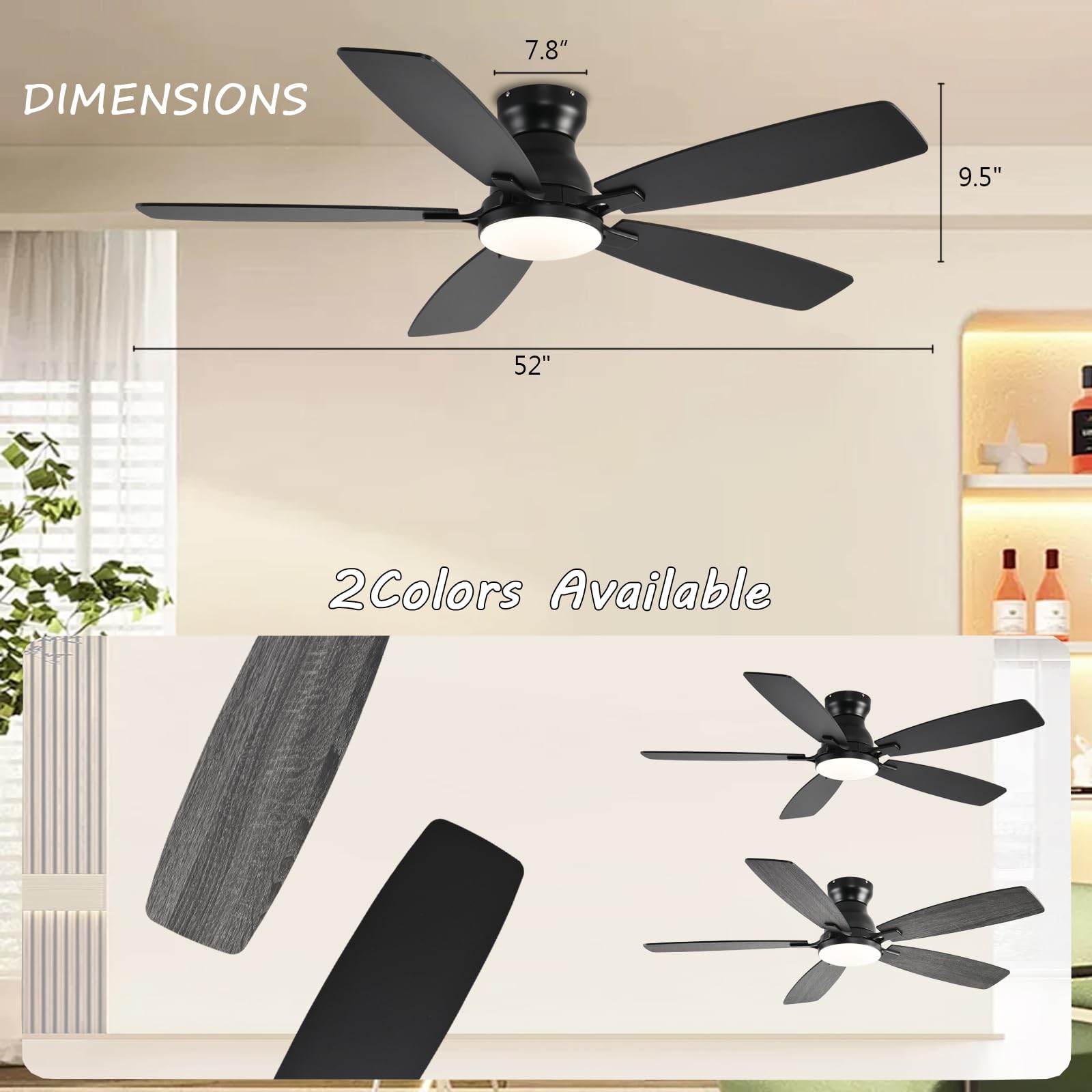 Ceiling Fans with Lights, 52 Inch Low Profile Ceiling Fan with Light and Remote Control, Flush Mount, DC Reversible Motor, Noiseless, Black 6 Speeds Ceiling Fan for Bedroom