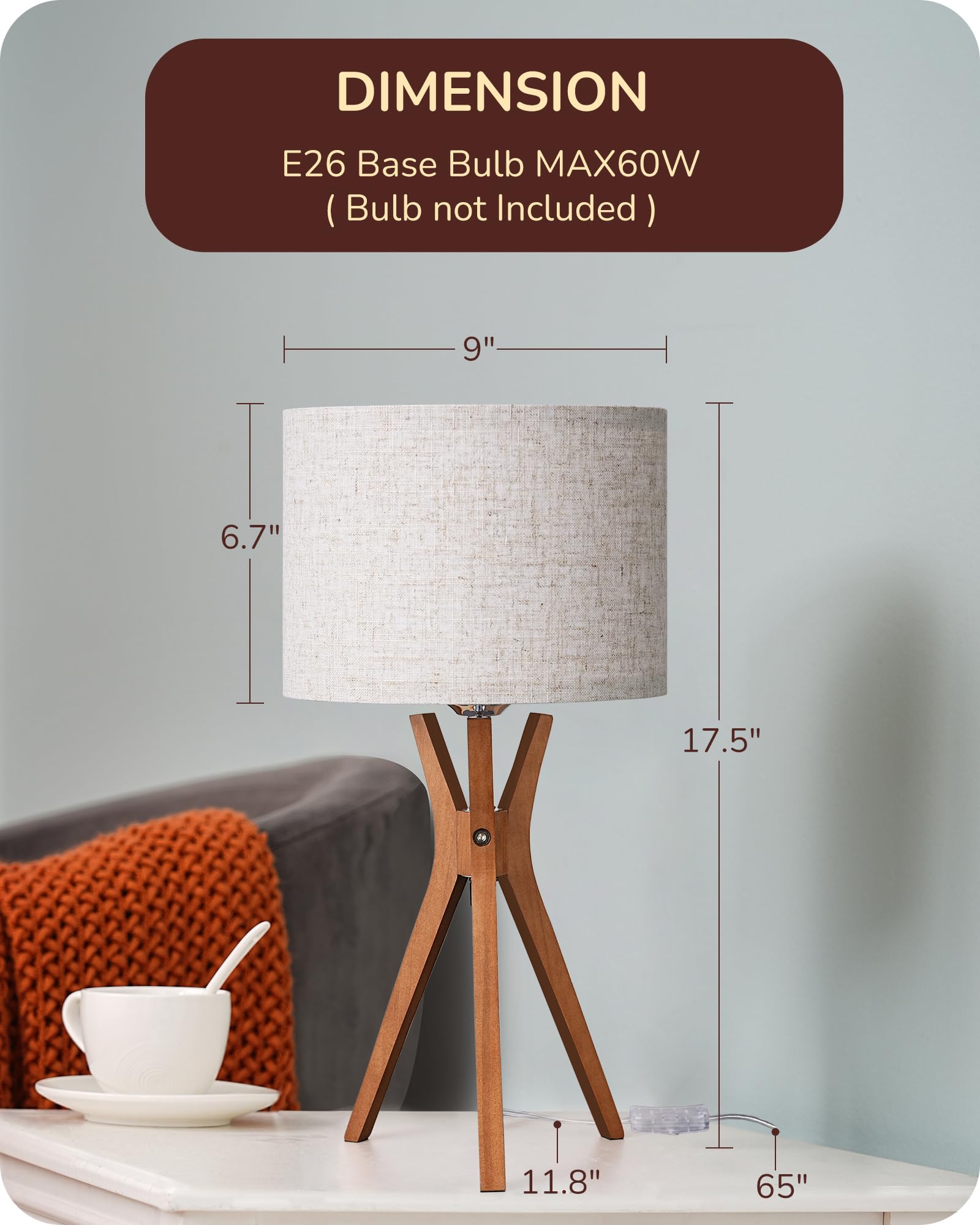 Mid Century Table Lamp, 17.5" Tripod Bedside Lamp with Deep Wood Color Light Base & Beige Linen Lampshade, Nightstand Lamp for Bedroom, Living Room, Reading Room, E26 Base