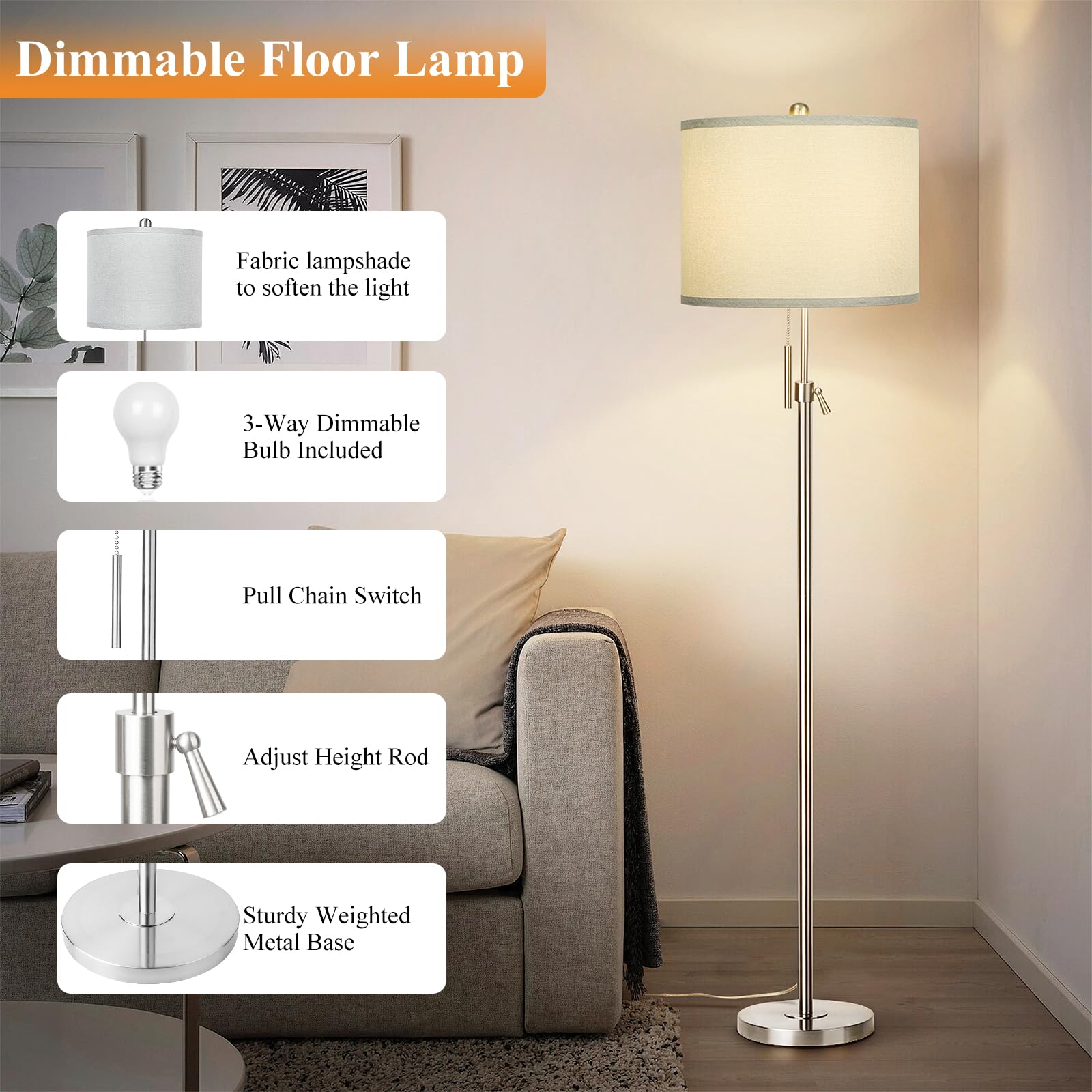 Floor Lamp for Living Room Adjustable Tall Standing Lamp, 3-Way Dimmable Floor Lamp for Bedroom Office, Black Gold Lamp with Marble Base and White Linen Shade, 6W 3000K LED Blub Included