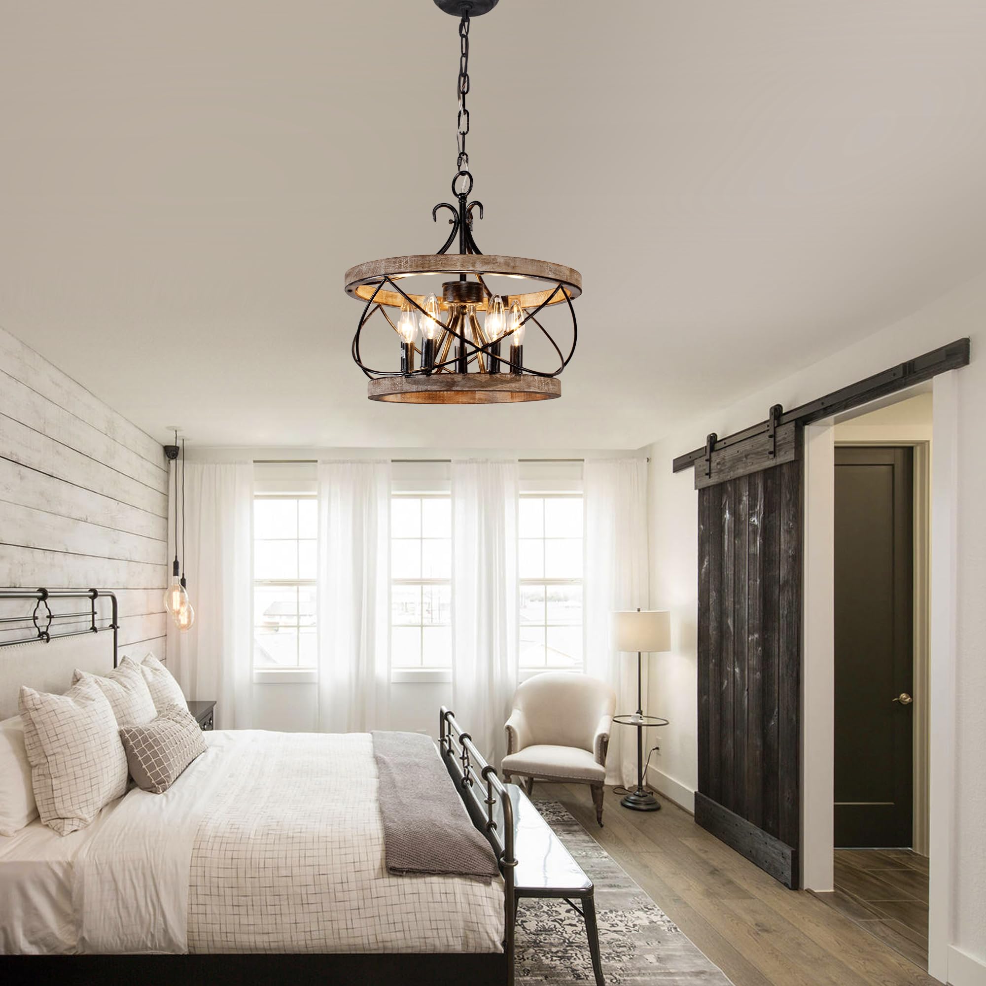 Rustic Farmhouse Chandelier, 4-Light Handmade Wood Pendant for Kitchen, Dining, Foyer, W19.7 x H21.6, Weathered Wood