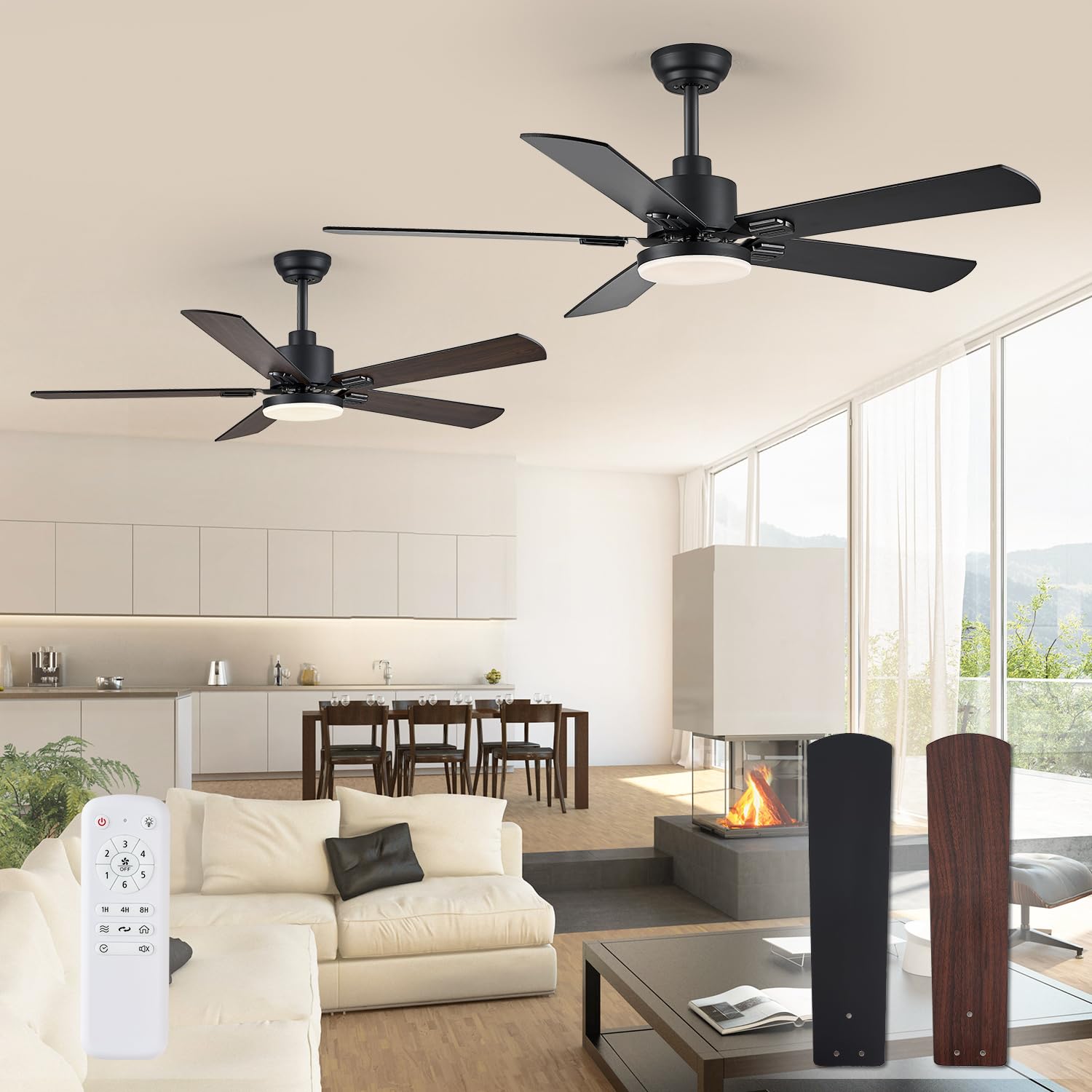 52" Ceiling Fans with Lights, Black Modern Ceiling Fan with Remote, Farmhouse Indoor Ceiling Fan with Dual Finish Blades, Quiet & Strong Motor, Bright LED Light.