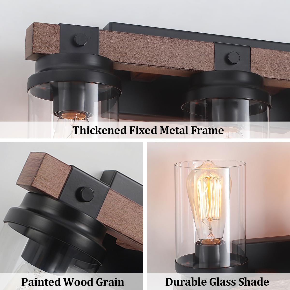 2-Light Farmhouse Vanity Lights for Bathroom, Rustic Bathroom Light Fixtures with Pretty Glass Shade, Black Industrial Wood Grain Wall Sconce for Bathroom Hallway Bedroom