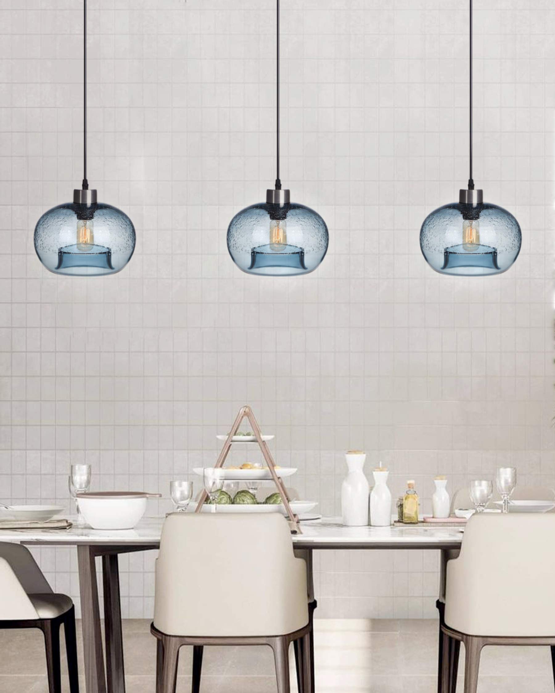 Pendant Lights Kitchen Island Hand Blown Glass Lighting Marble Blue Modern Farmhouse Foyer Entryway Light Fixtures Ceiling Hanging Globe Over Table Sink Brushed Nickel 9 Inch Diam