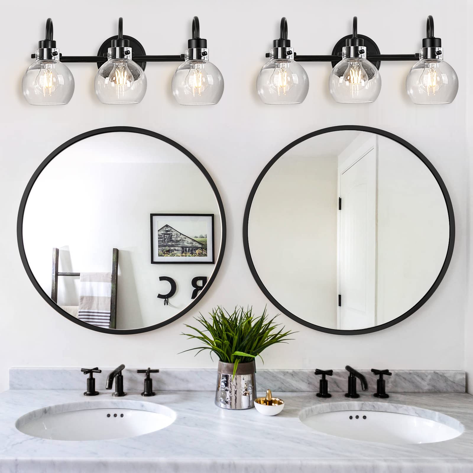 3 Lights Vanity Light, Brushed Nickel Bathroom Light Fixtures, Farmhouse Wall Sconces with Globe Clear Glass Shade, Porch Wall Mount Lamp for Mirror, Kitchen, Porch, Living Room, Workshop (E26 Base)