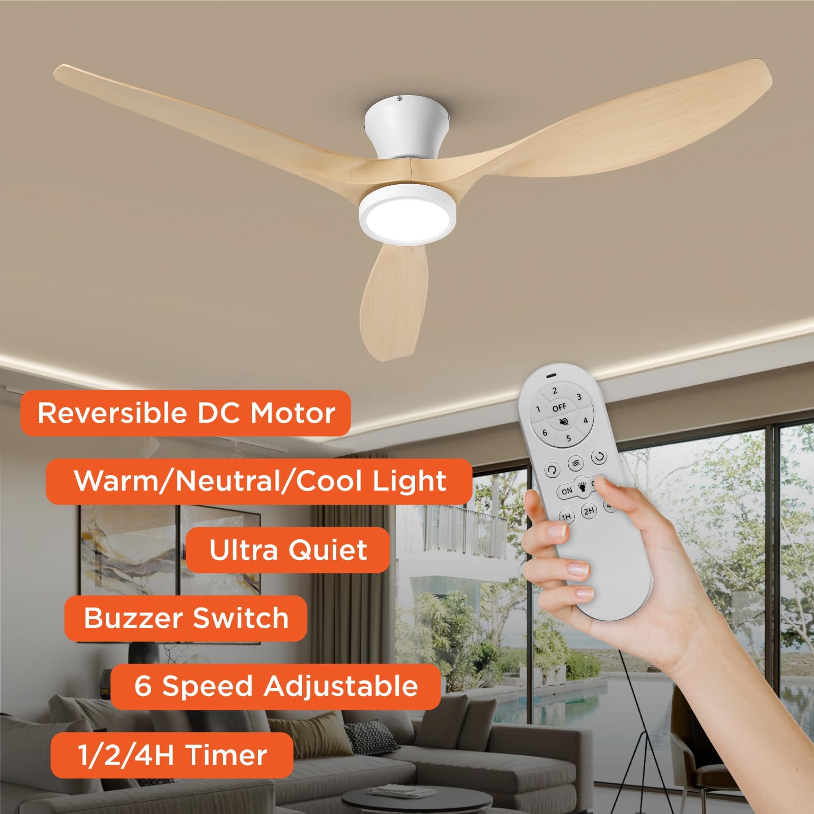 52 inch Ceiling Fans with Lights Remote Control, Modern Low Profile Ceiling Fan with Quiet Reversible DC Motor for Bedroom Living Room and Patio White