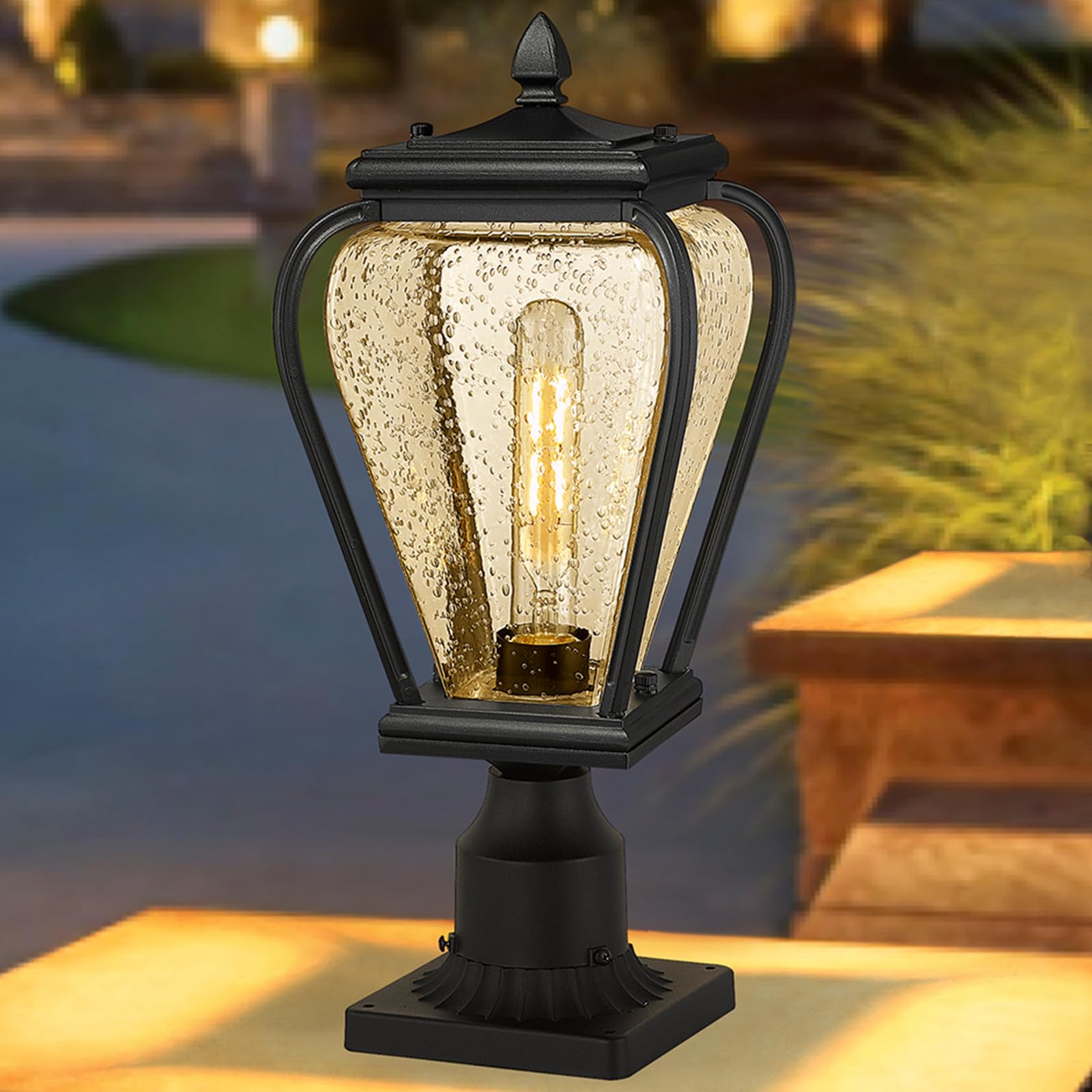 Outdoor Chandelier for Porch, Exterior Hanging Lantern Farmhouse Ceiling Outdoor Light with Seeded Glass, Outdoor Pendant Light Fixture for Front Door, Entry, Gazebo (Aluminum, Sand Black Finish)