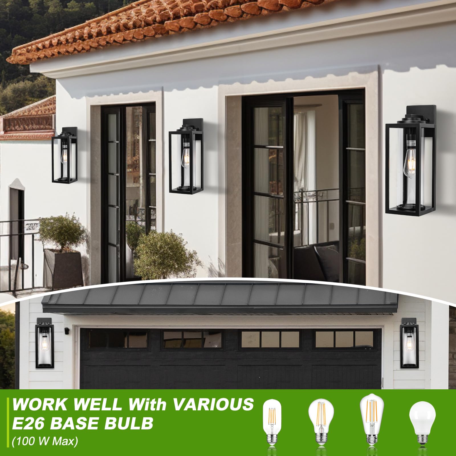 16inch Large Outdoor Wall Lights - 2 Packs Modern Black Exterior Light Fixture with Clear Glass Shade, Waterproof Porch Lighting for House, Farmhouse Sconces Lantern for Front Door, Garage