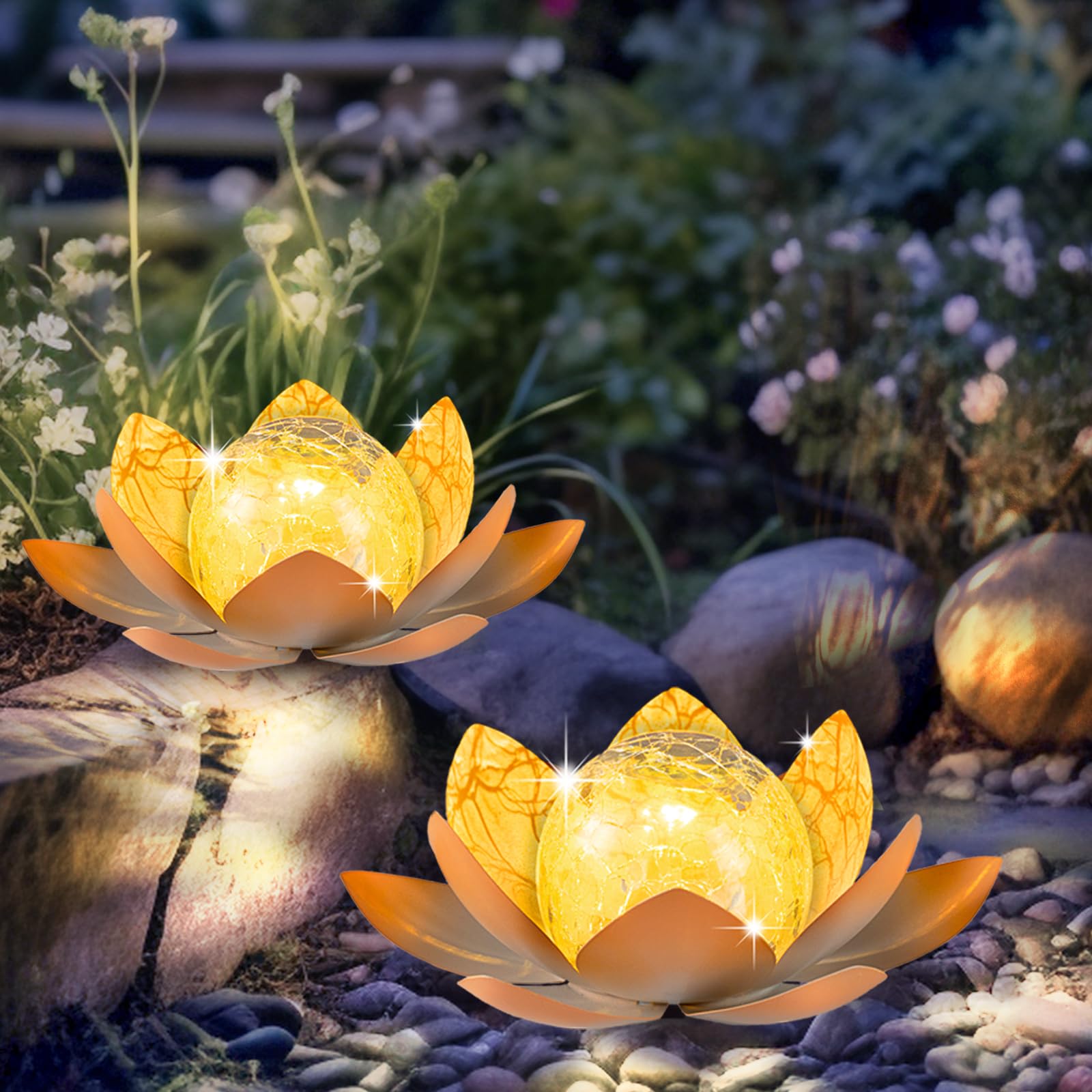 Solar Light Outdoor Waterproof Garden Light Metal Glass Decorative LED Lotus Flower Table Lamp