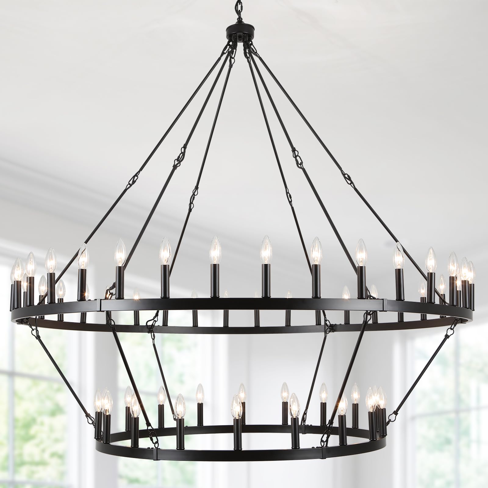 White Wagon Wheel Chandelier 38 Inch, 12-Light Farmhouse Wagon Wheel Chandeliers for Dining Room Light Fixture Round Large White Chandeliers for High Ceilings Living Room Kitchen Entryway