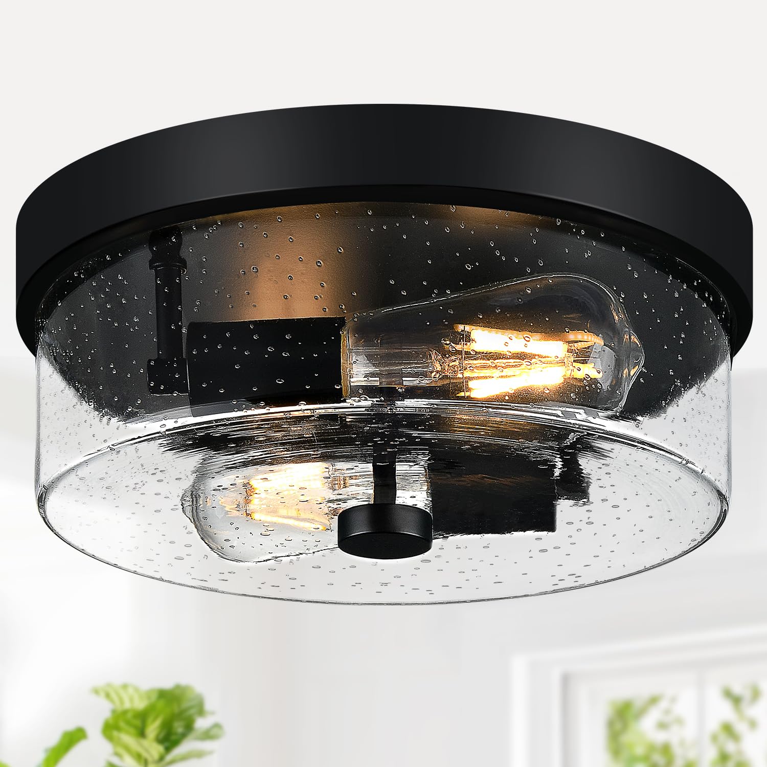 Black Flush Mount Ceiling Light Fixtures, 2-Light Ceiling Mount for Farmhouse with Seeded Glass Lampshade, Industrial Flush Mount Light Fixture Farmhouse for Hallway, Kitchen, Entryway and Foyer