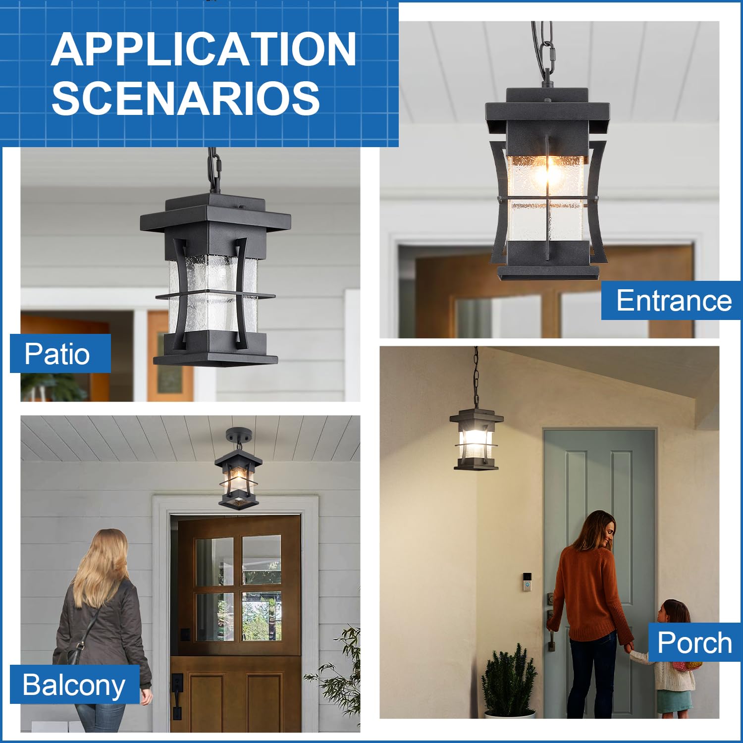 Outdoor Pendant Light Fixture with Dusk to Dawn Sensor Exterior Hanging Lantern with Adjustable Chain Black with Seeded Glass Outside Lights for House Patio Front Porch Lighting