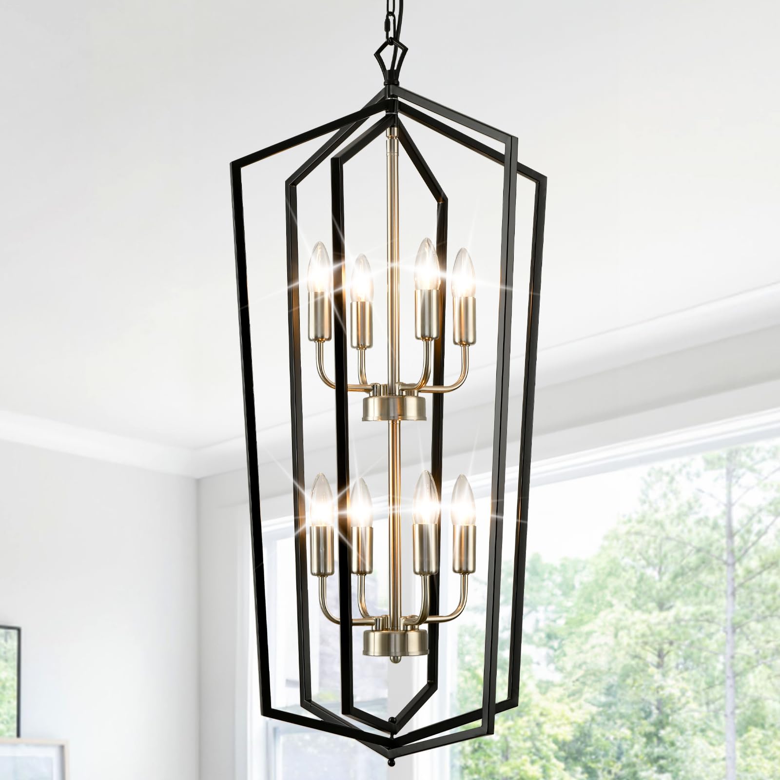 4-Light Lantern Pendant Light, 18.1" Gold Kitchen Pendant Light, Modern Geometric Chandelier, Adjustable Chain Cage Hanging Pendant Light Fixture for Bedroom, Kitchen Island, Foyer, Entrance