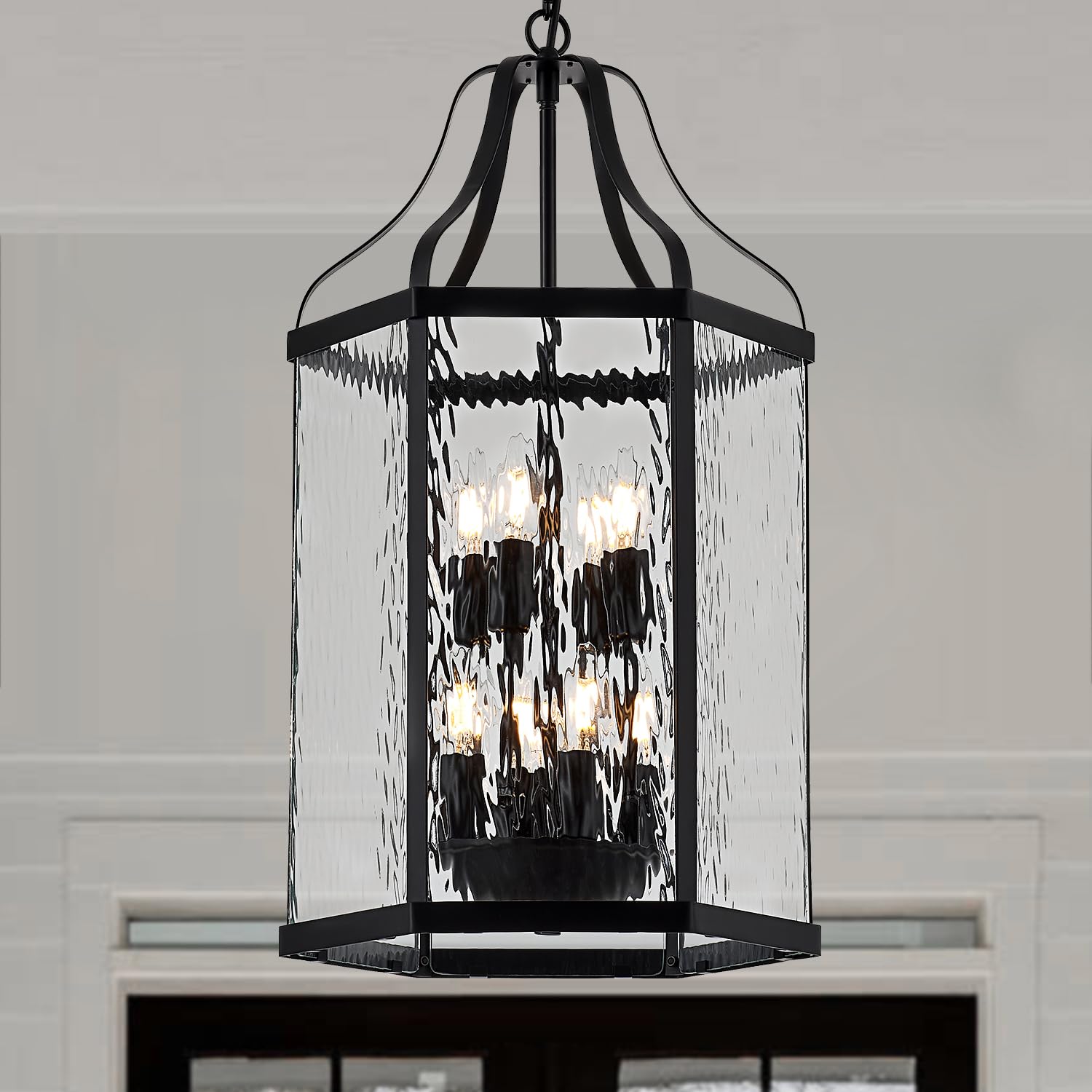 8" Modern 3-Light Exterior Black Lantern Pendant Light Fixture with Clear Rippled Glass Mini Industrial Hanging Cage Chandelier for Outdoor Kitchen Dining Room Hallway Entryway Foyer Porch