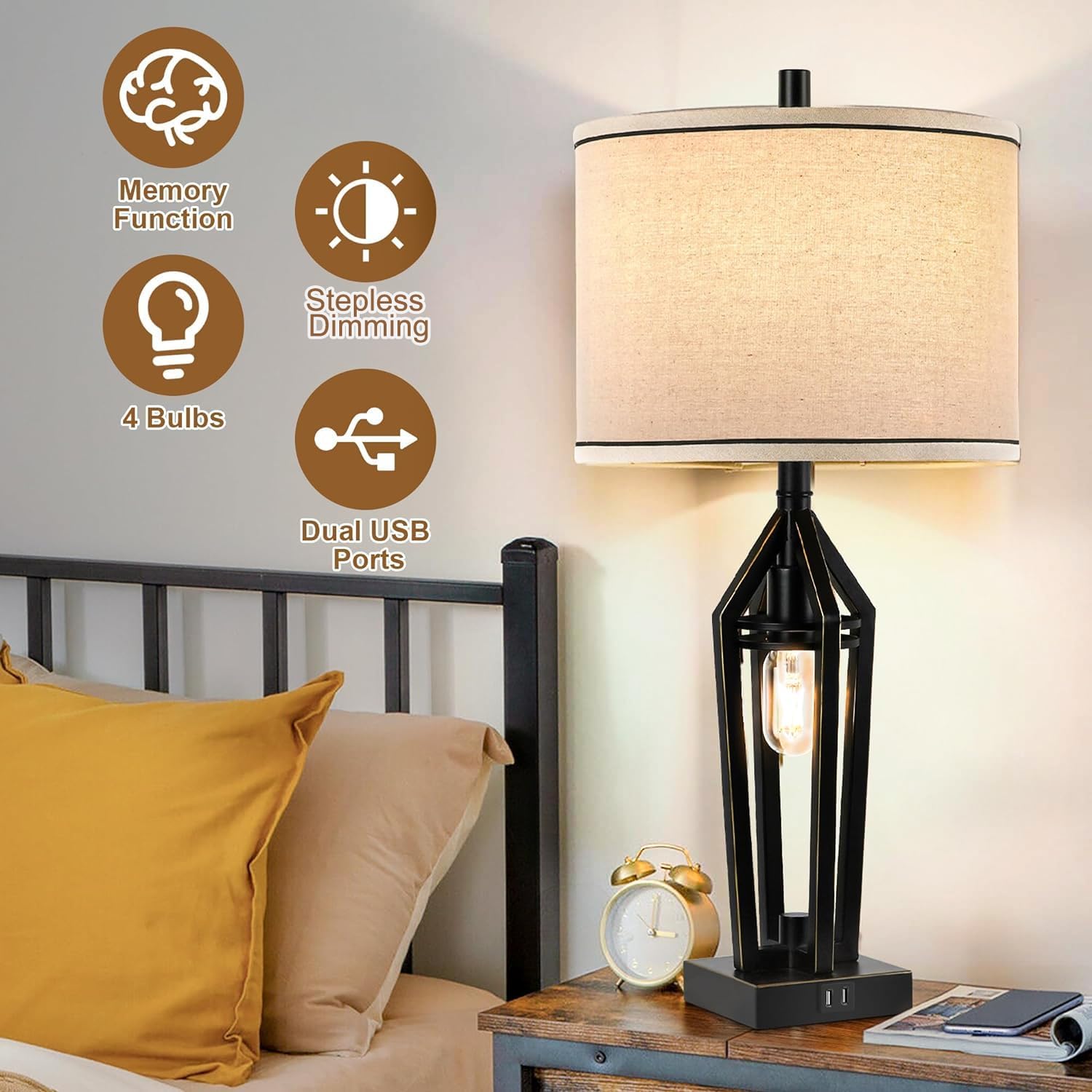 Table Lamps Set of 2 with Night Light, Unique Stepless Dimming, 28 Inch Touch Control Bedside Lamp with 2 USB Ports, 4 LED Bulbs, Tall Industrial Rustic Bedroom Lamps for Living Room,Bedroom