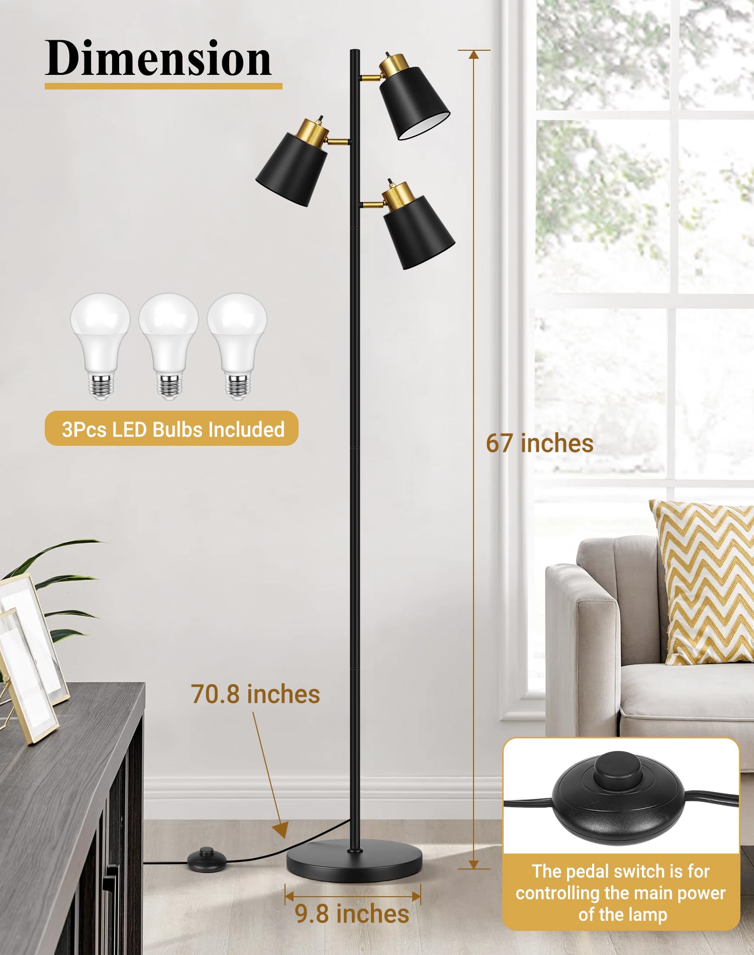 Tree Floor Lamp with 3 Light Bulbs, Standing Tall Pole Lamps for Living Room Bedroom Office, Reading Stand up Lamps with 3 Adjustable Arms, Brushed Gold