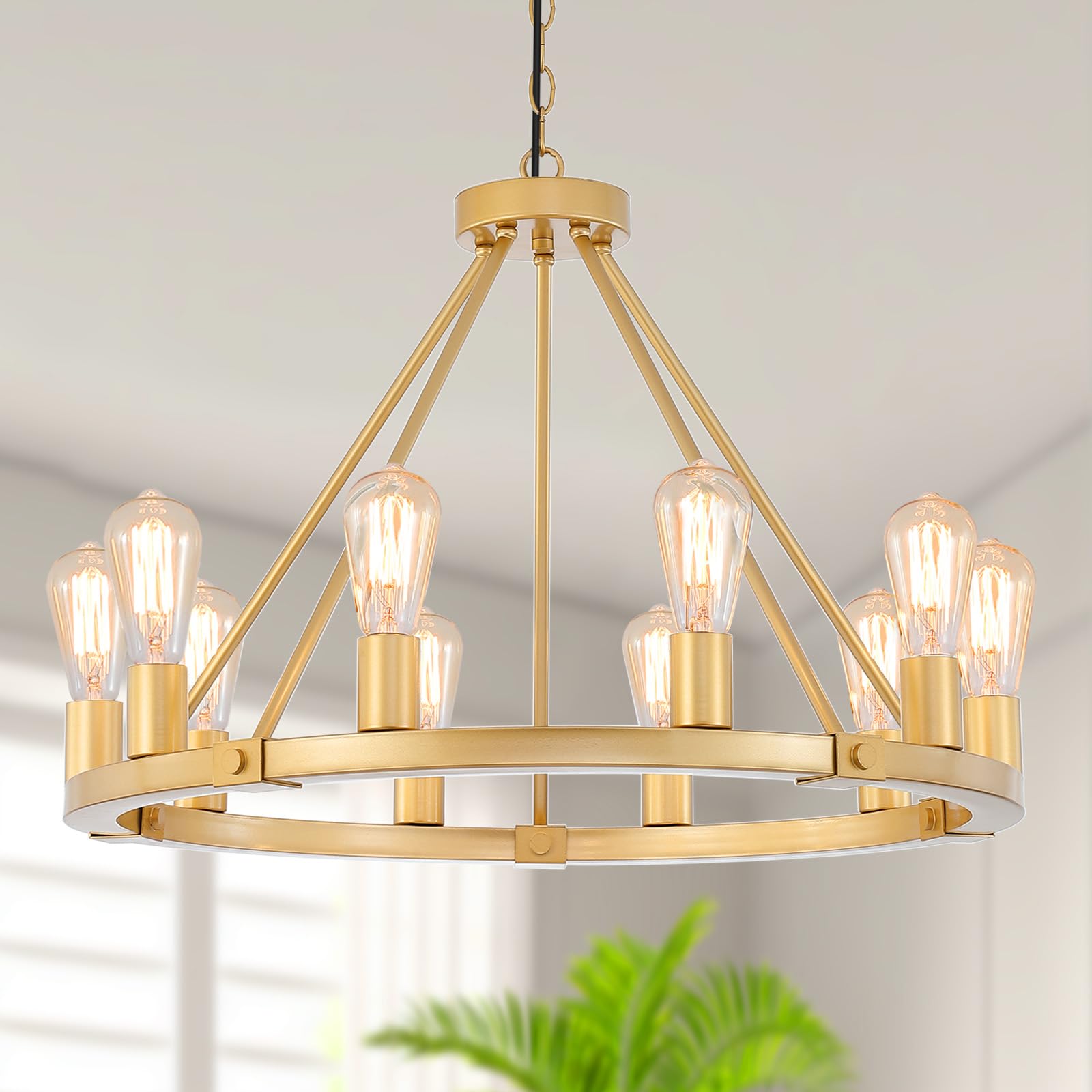 Gold Wagon Wheel Chandelier, 12-Light Industrial Pendant Light, 31.5'' Farmhouse Ceiling Hanging Chandelier Light Fixture for Living Room, Bedroom, Entryway, Foyer